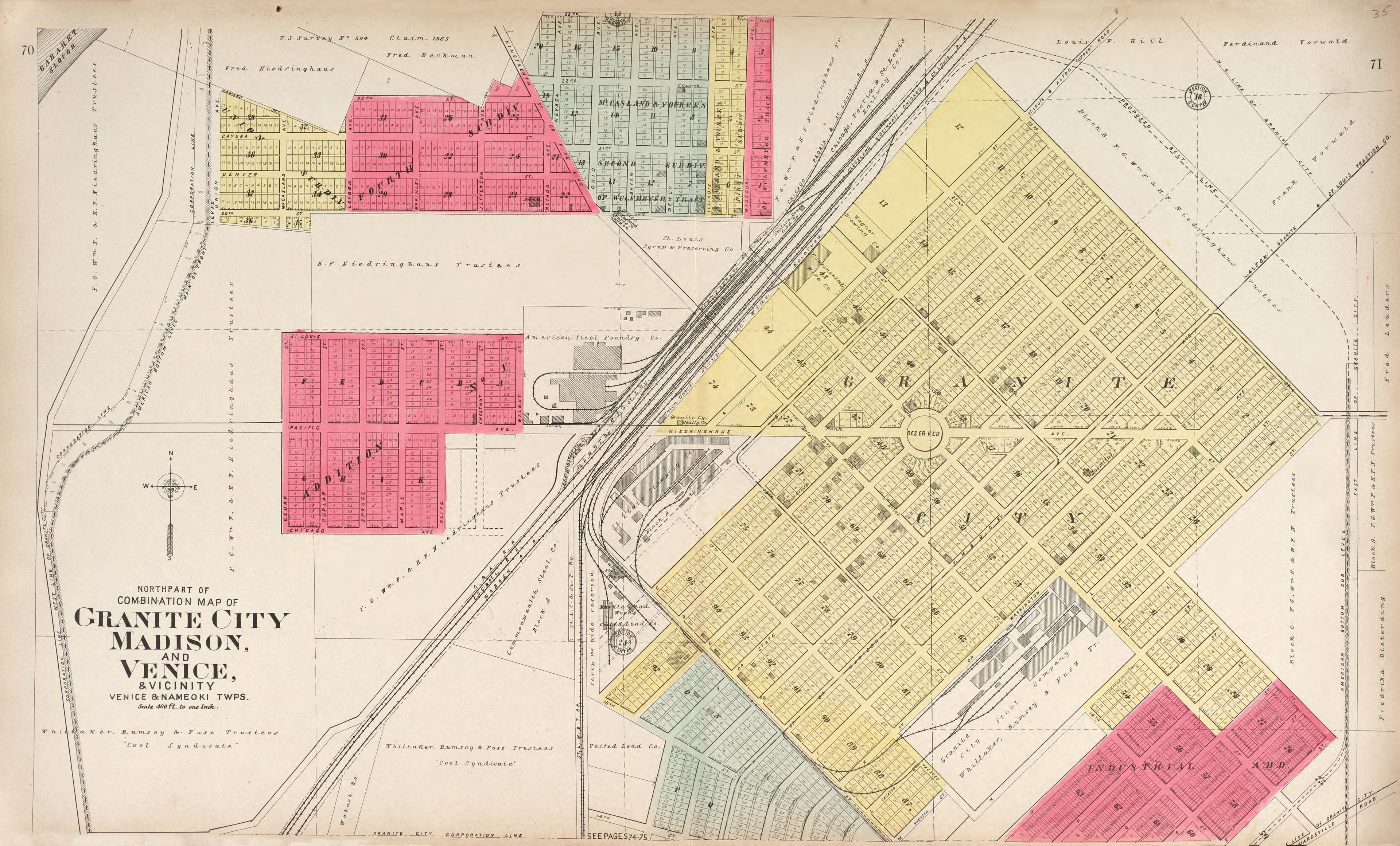 Granite City, Madison and Venice from Standard Atlas of Madison County, Illinois : Including a Plat Book of the Villages, Cities and Townships of the County, Map of the State, United States and World : Patrons Directory, Reference … 1906 by Relic Map Company