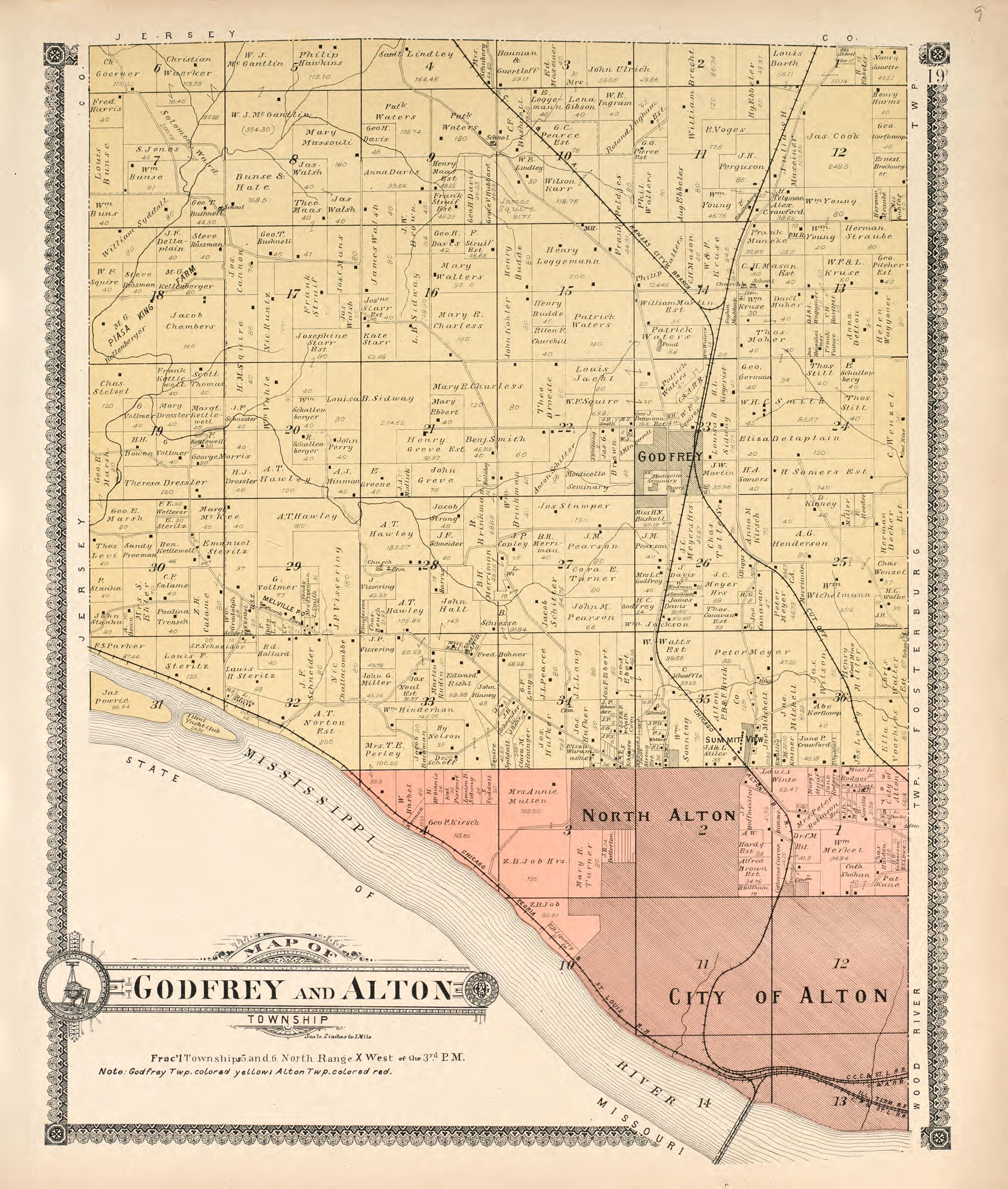 Godfrey and Alton Township from Standard Atlas of Madison County, Illinois : Including a Plat Book of the Villages, Cities and Townships of the County, Map of the State, United States and World : Patrons Directory, Reference … 1906 by Relic Map Company