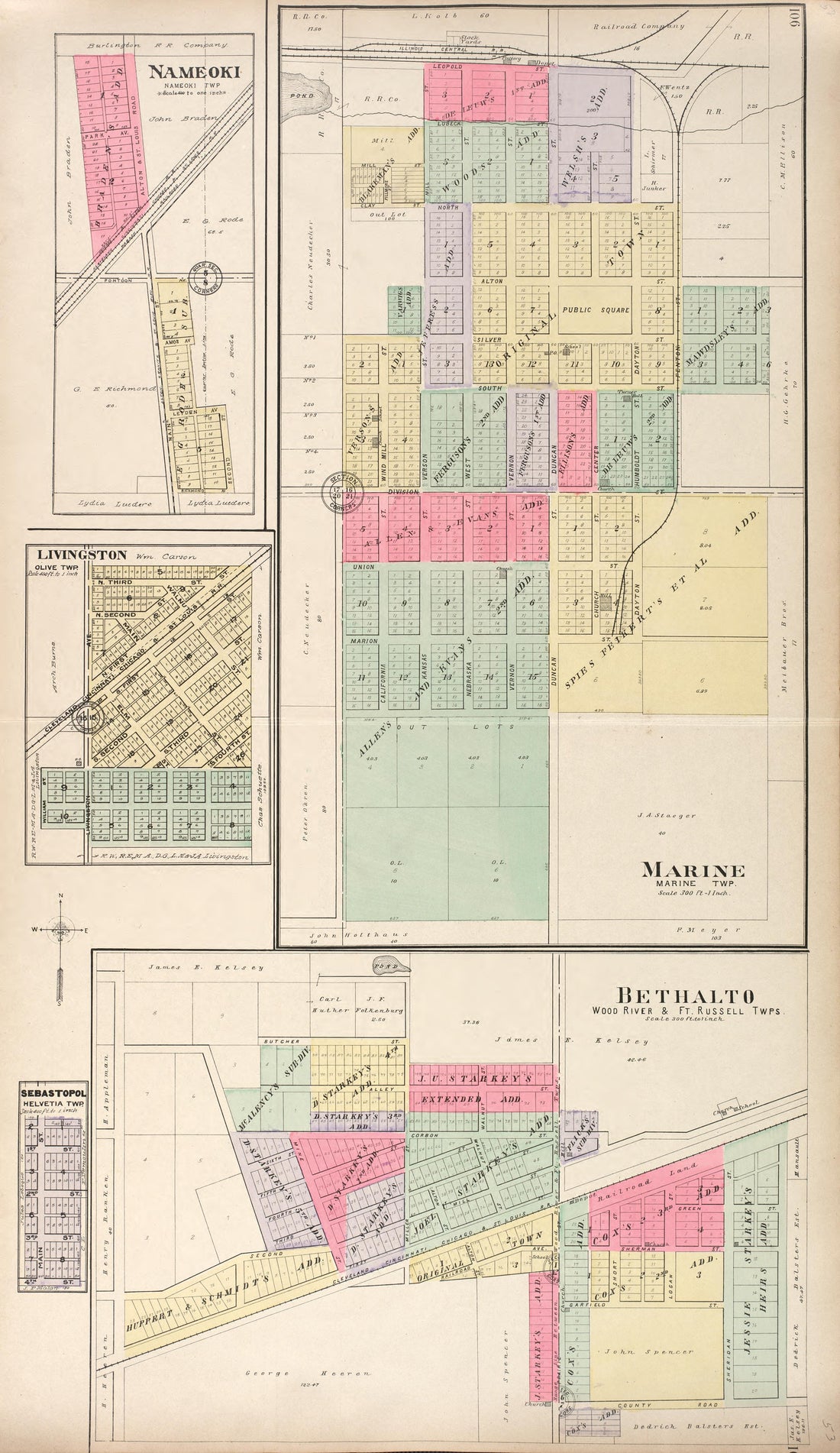 Nameoki - Marine - Livingston - Bethalto from Standard Atlas of Madison County, Illinois : Including a Plat Book of the Villages, Cities and Townships of the County, Map of the State, United States and World : Patrons Directory, Reference … 1906 by Relic Map Company