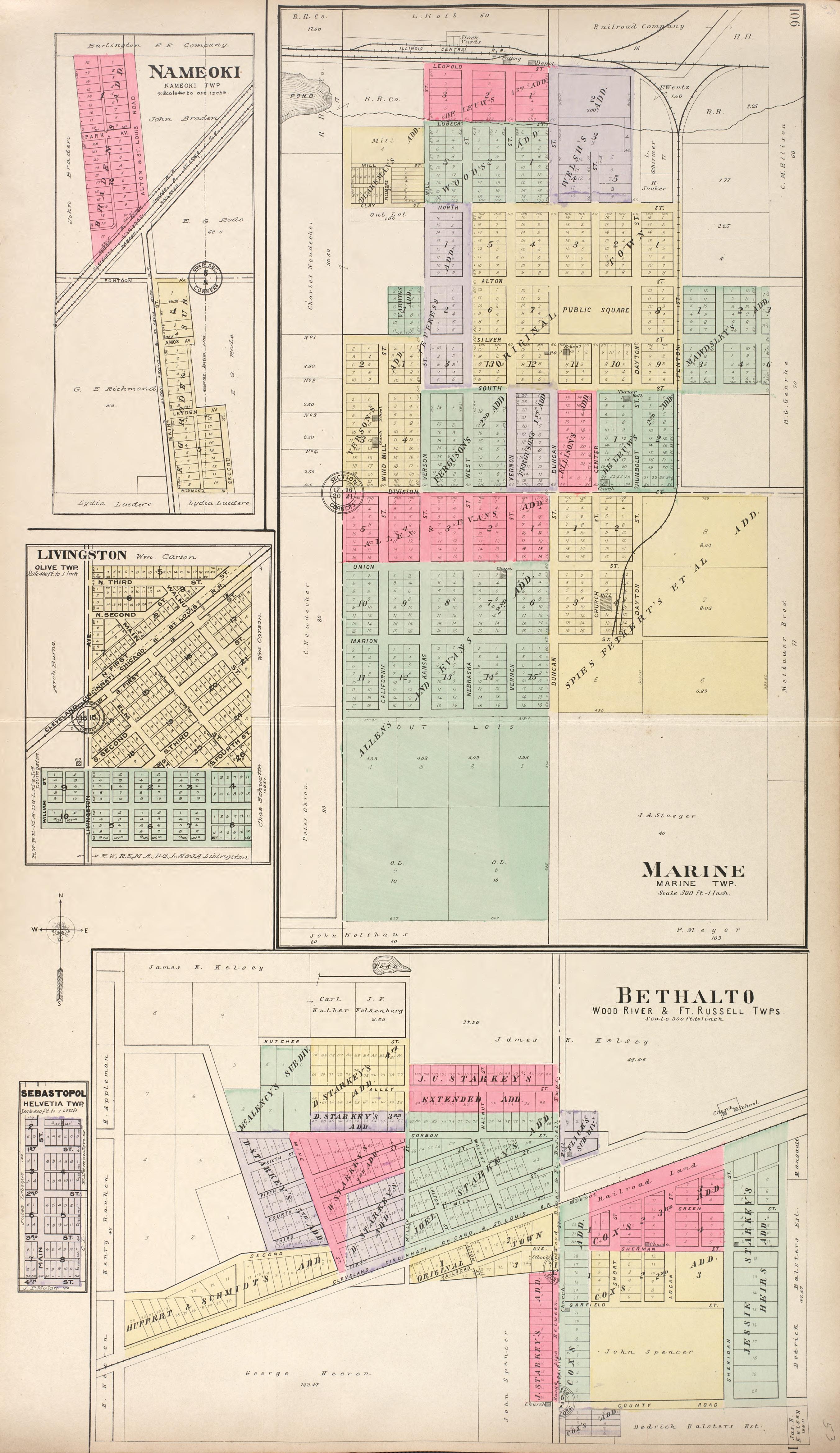 Nameoki - Marine - Livingston - Bethalto from Standard Atlas of Madison County, Illinois : Including a Plat Book of the Villages, Cities and Townships of the County, Map of the State, United States and World : Patrons Directory, Reference … 1906 by Relic Map Company