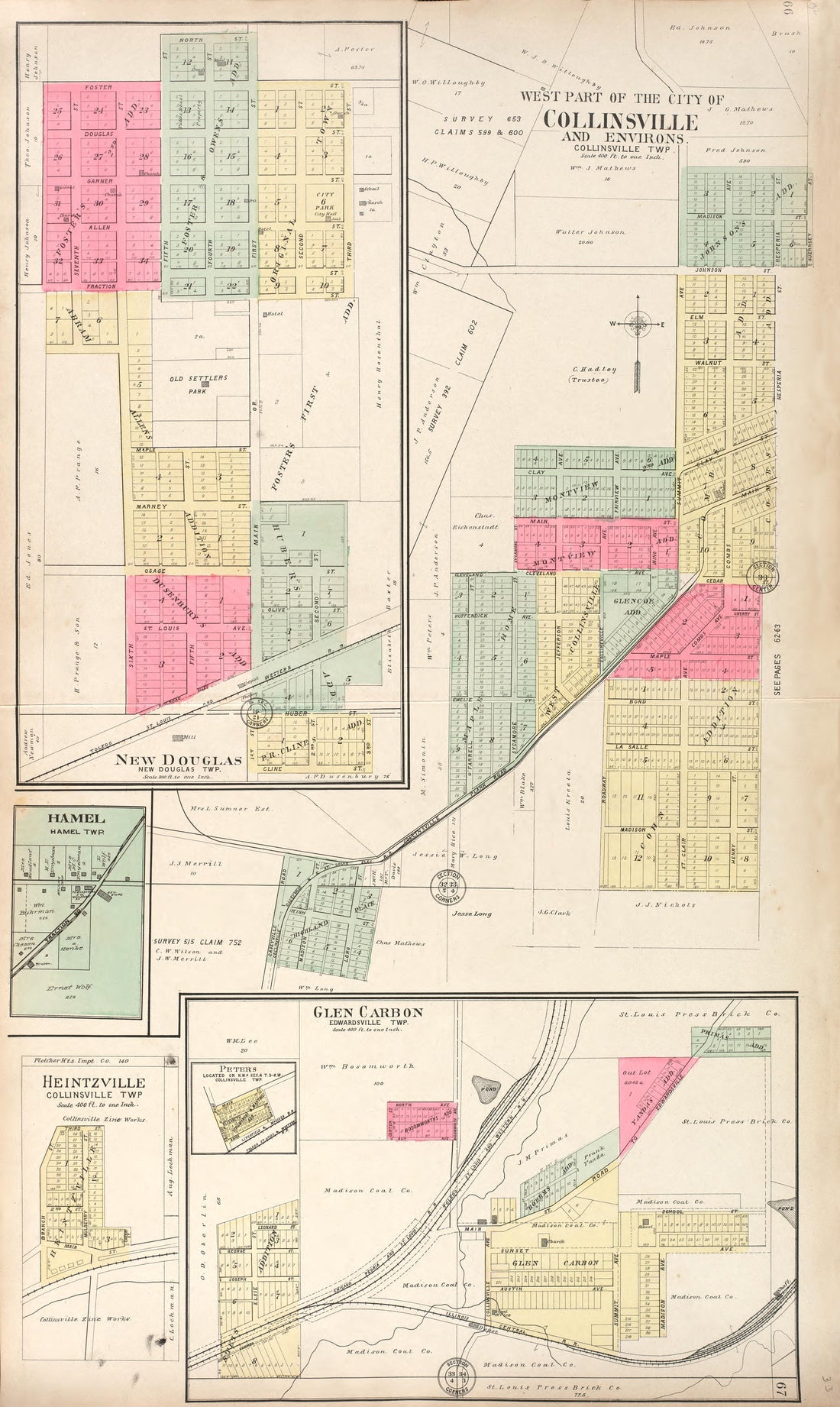 New Douglas - West Part of Collinsvile- Hamel - Heintzville - Glen Carbon from Standard Atlas of Madison County, Illinois : Including a Plat Book of the Villages, Cities and Townships of the County, Map of the State, United States and World : Patrons ... by Relic Map Company