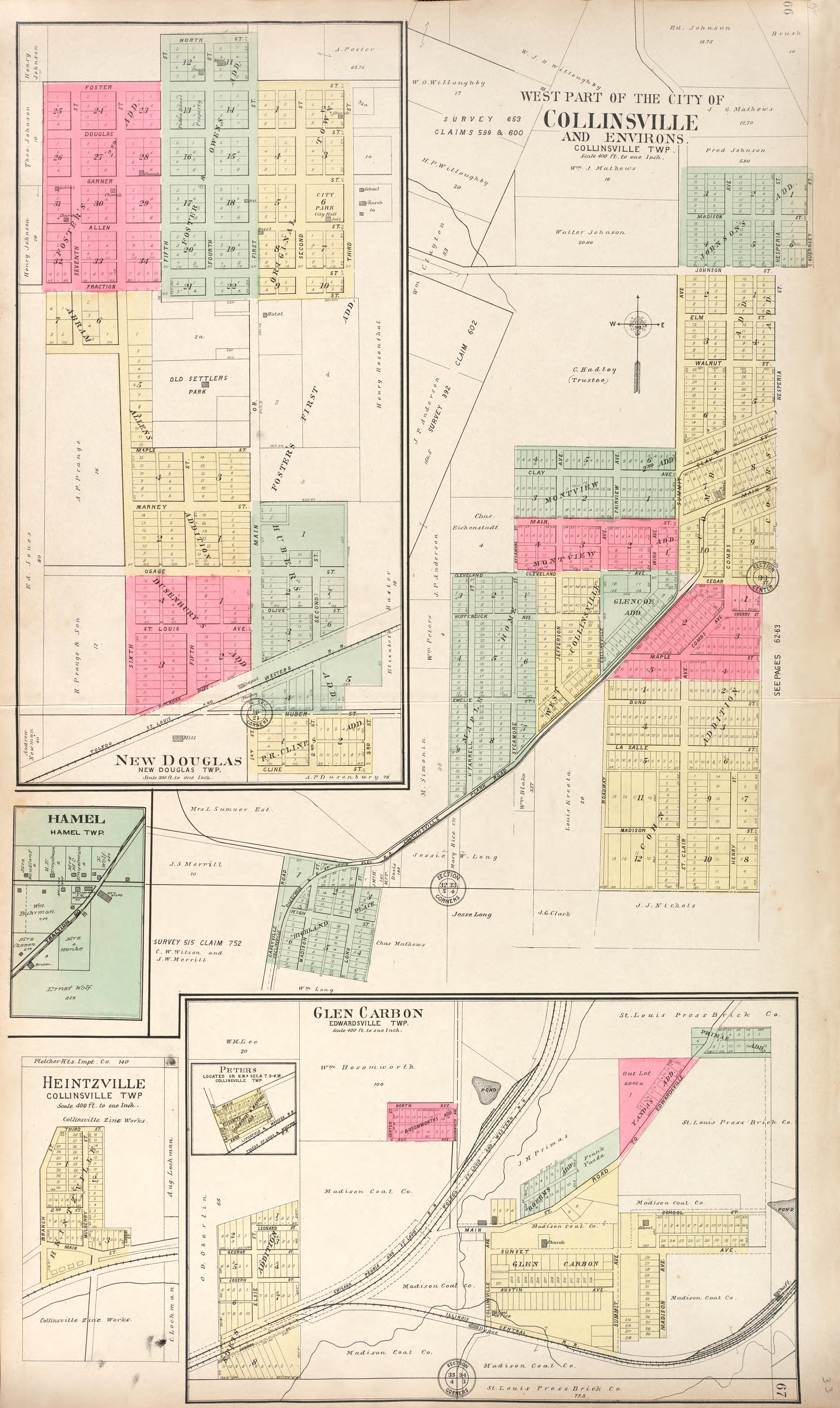 New Douglas - West Part of Collinsvile- Hamel - Heintzville - Glen Carbon from Standard Atlas of Madison County, Illinois : Including a Plat Book of the Villages, Cities and Townships of the County, Map of the State, United States and World : Patrons ... by Relic Map Company