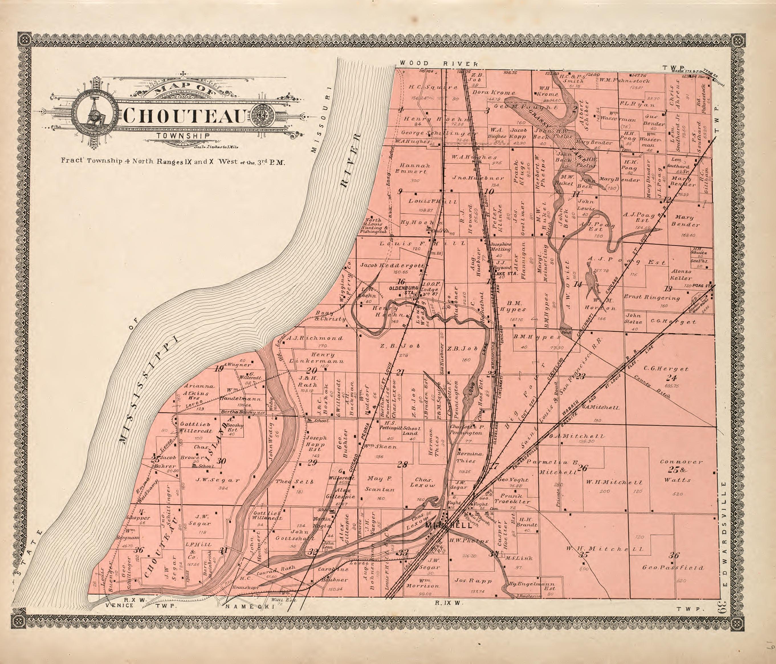 Chouteau Township from Standard Atlas of Madison County, Illinois : Including a Plat Book of the Villages, Cities and Townships of the County, Map of the State, United States and World : Patrons Directory, Reference … 1906 by Relic Map Company