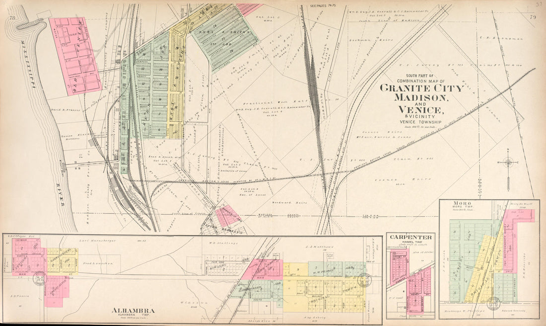Granite City, Madison and Venice - Alhambra - Carpenter - Moro from Standard Atlas of Madison County, Illinois : Including a Plat Book of the Villages, Cities and Townships of the County, Map of the State, United States and World : Patrons Directory, ... by Relic Map Company
