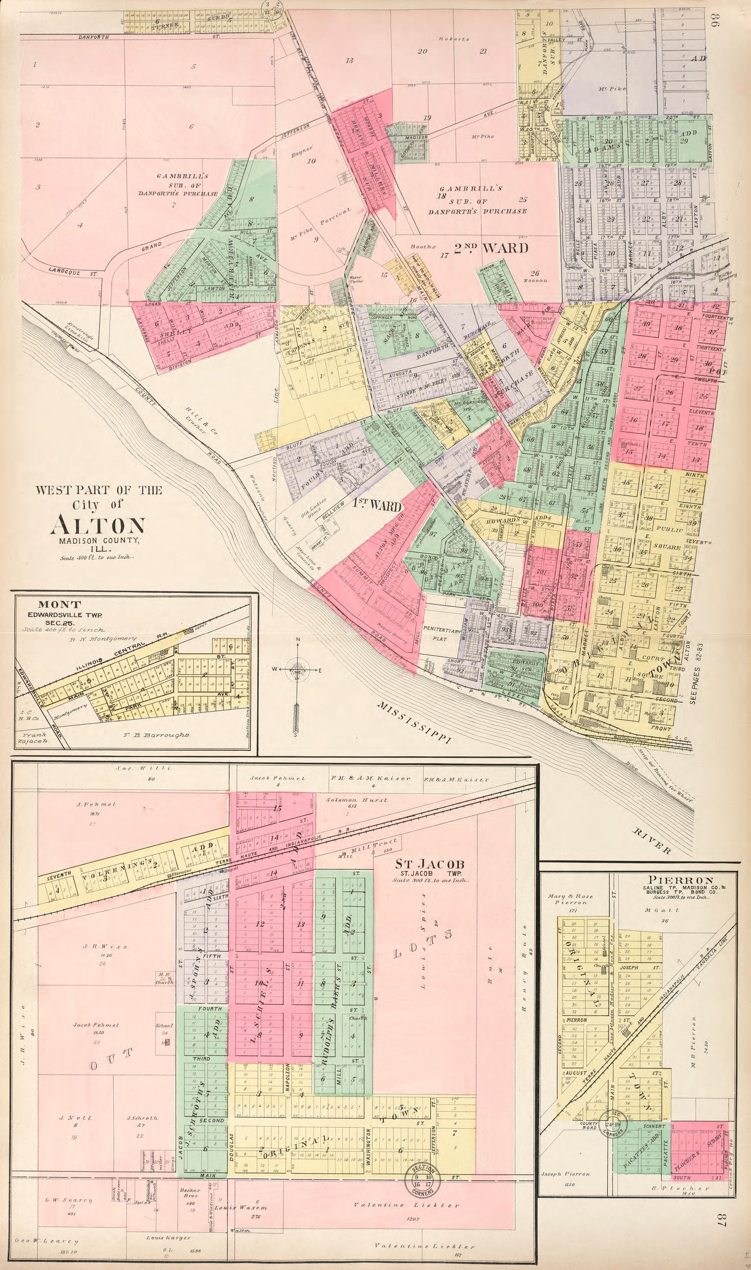 West Part of Alton - Mont - St. Jacob - Pierron from Standard Atlas of Madison County, Illinois : Including a Plat Book of the Villages, Cities and Townships of the County, Map of the State, United States and World : Patrons Directory, Reference … 1906 by Relic Map Company