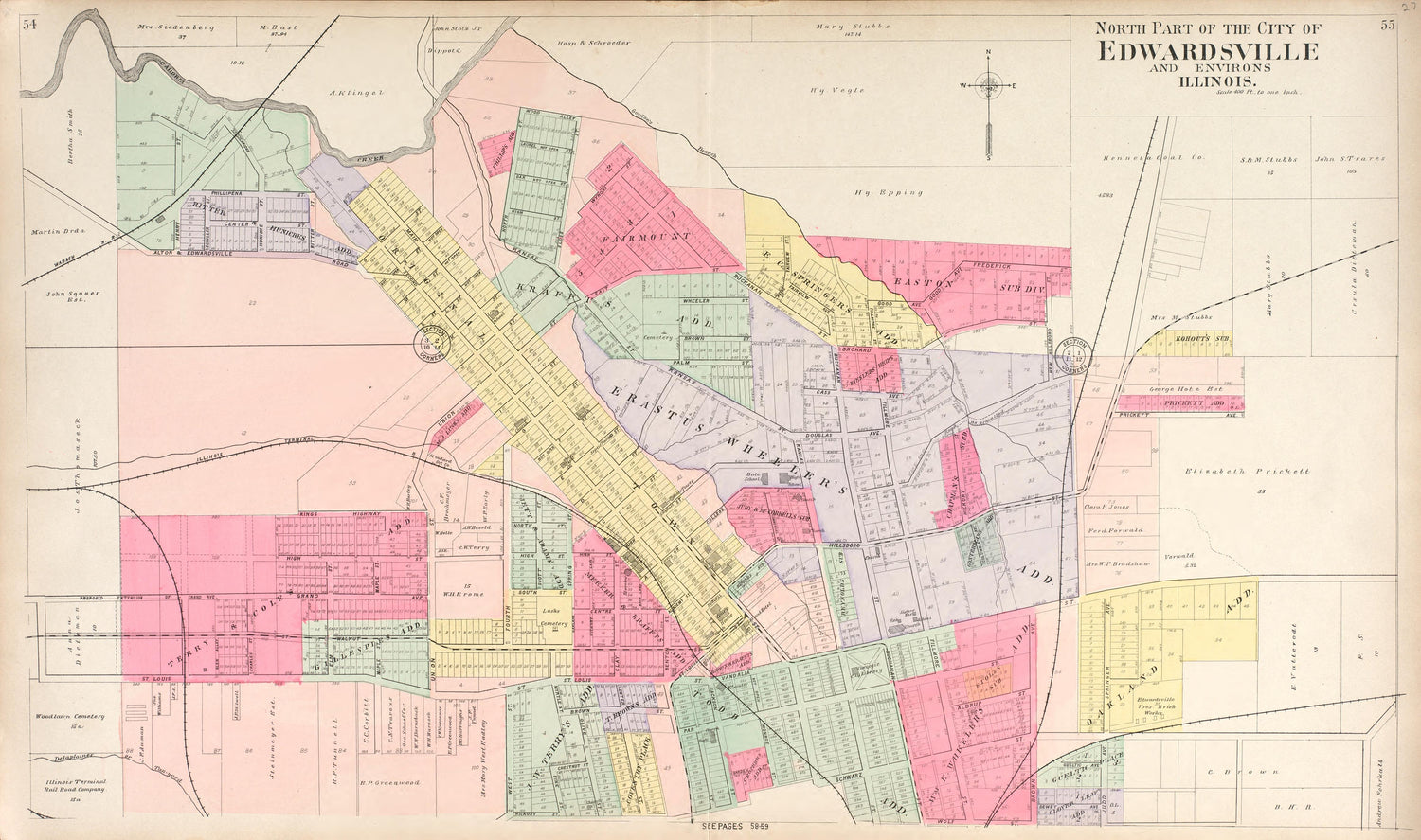 North Part of Edwardsville from Standard Atlas of Madison County, Illinois : Including a Plat Book of the Villages, Cities and Townships of the County, Map of the State, United States and World : Patrons Directory, Reference … 1906 by Relic Map Company