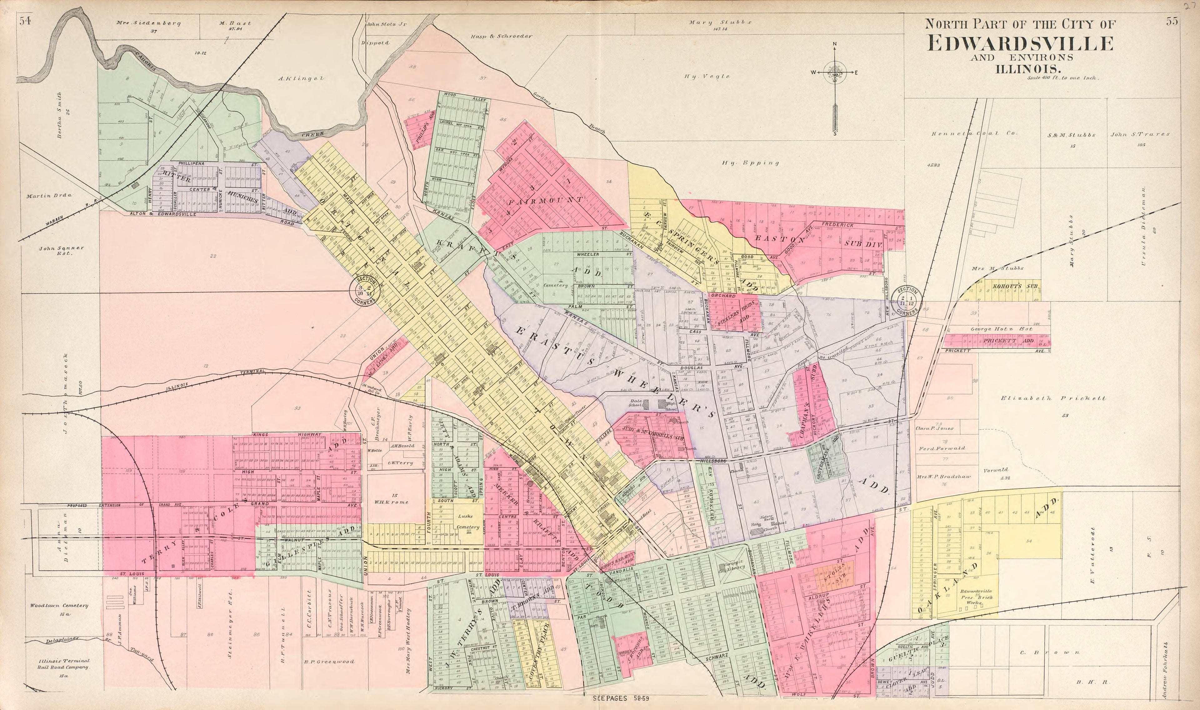 North Part of Edwardsville from Standard Atlas of Madison County, Illinois : Including a Plat Book of the Villages, Cities and Townships of the County, Map of the State, United States and World : Patrons Directory, Reference … 1906 by Relic Map Company