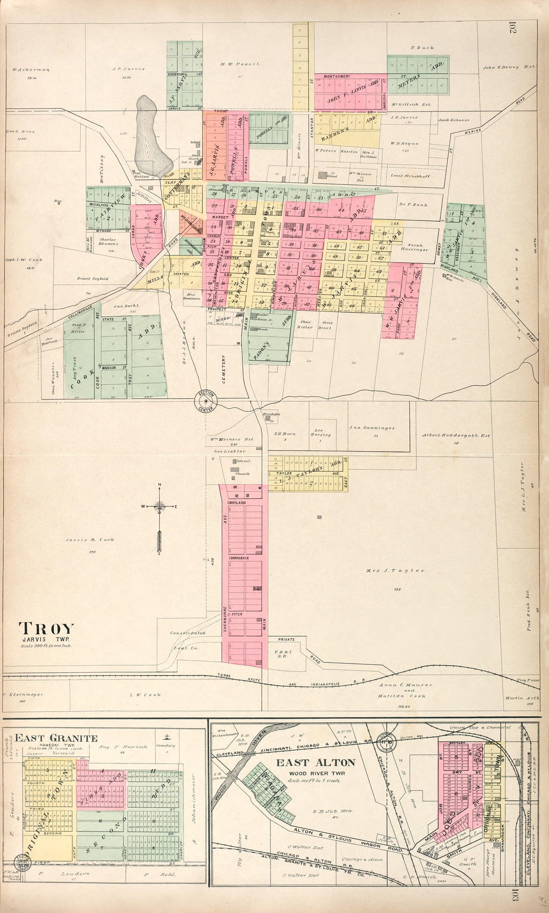 Troy - East Granite - East Alton from Standard Atlas of Madison County, Illinois : Including a Plat Book of the Villages, Cities and Townships of the County, Map of the State, United States and World : Patrons Directory, Reference … 1906 by Relic Map Company