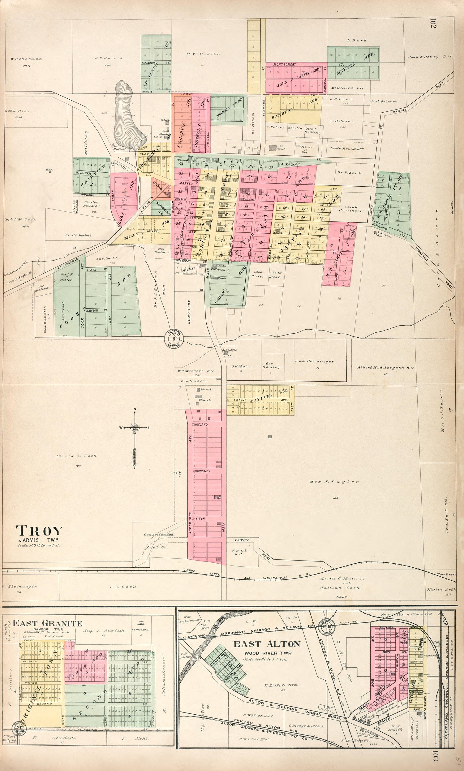 Troy - East Granite - East Alton from Standard Atlas of Madison County, Illinois : Including a Plat Book of the Villages, Cities and Townships of the County, Map of the State, United States and World : Patrons Directory, Reference … 1906 by Relic Map Company