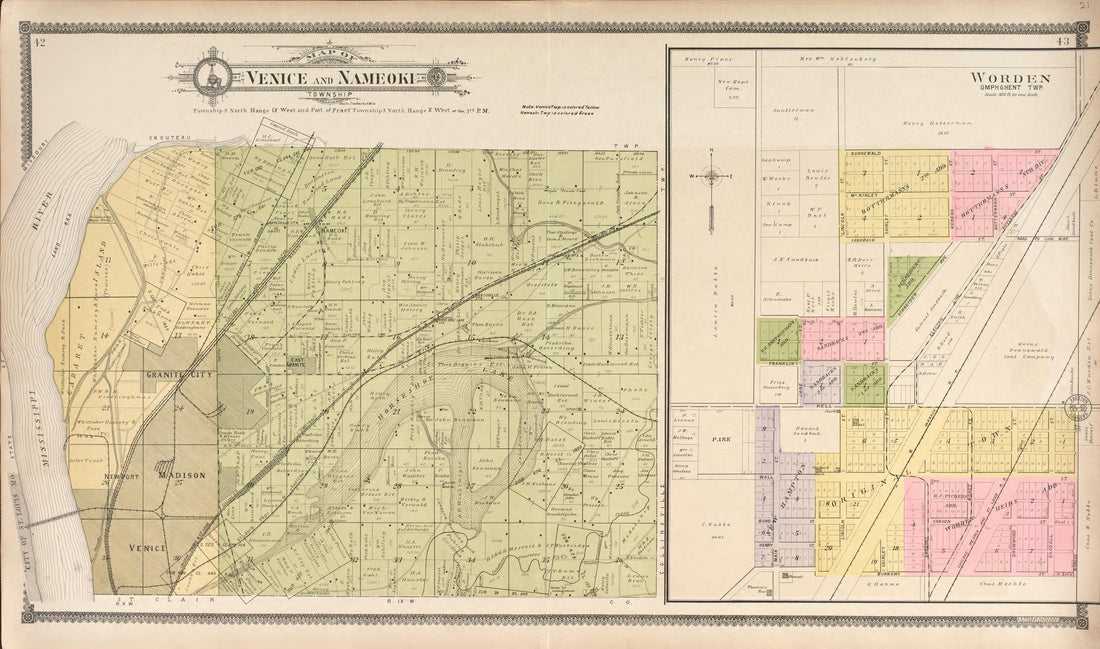 Venice and Nameoki Township - Worden from Standard Atlas of Madison County, Illinois : Including a Plat Book of the Villages, Cities and Townships of the County, Map of the State, United States and World : Patrons Directory, Reference … 1906 by Relic Map Company