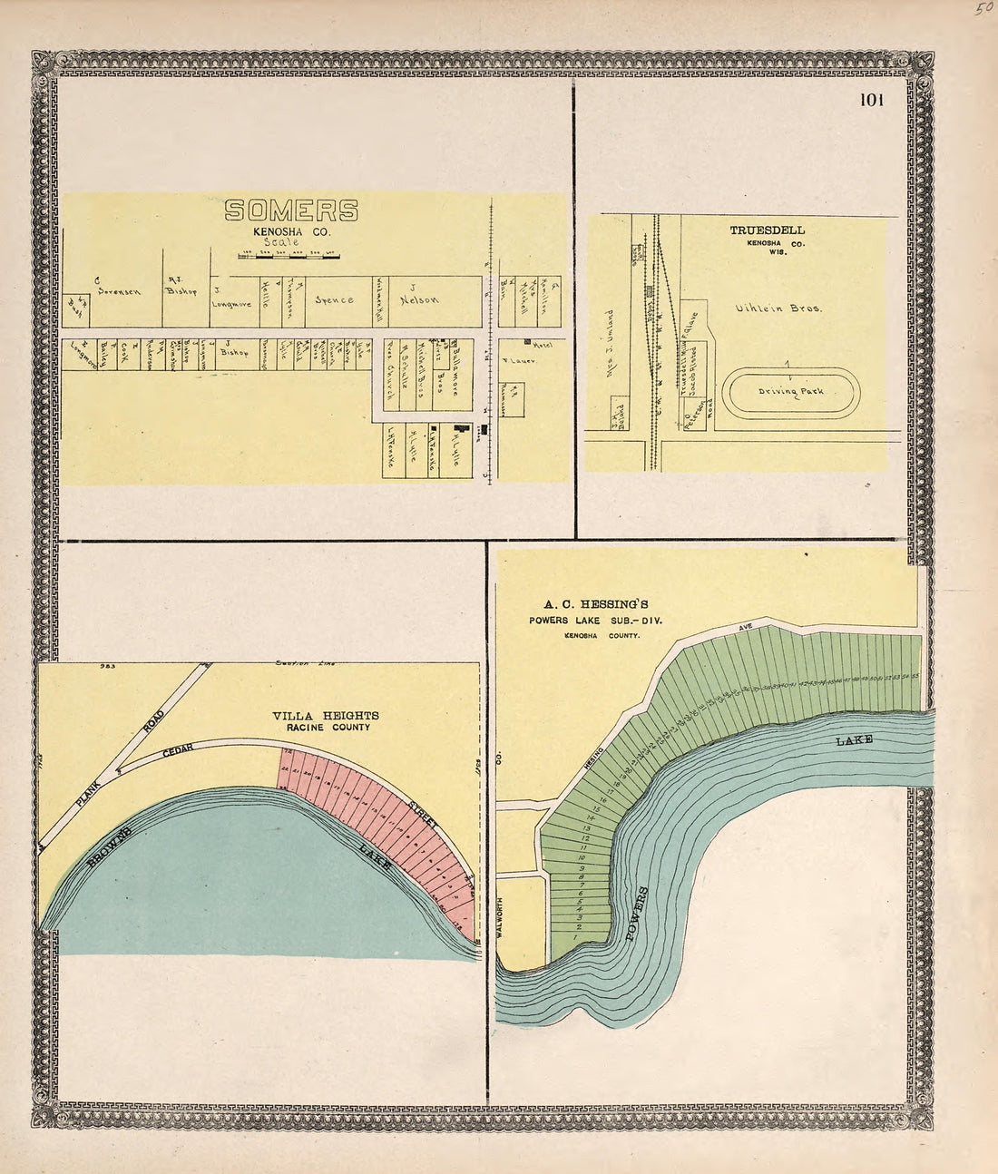 Somers, Kenosha County; Truesdale, Kenosha County, Wis.; Villa Heights, Racine County from Plat Book of Racine and Kenosha Counties, Wisconsin : Including Plats of the Villages, Cities and Townships of the Counties, Map of the State, United States and... by Relic Map Company