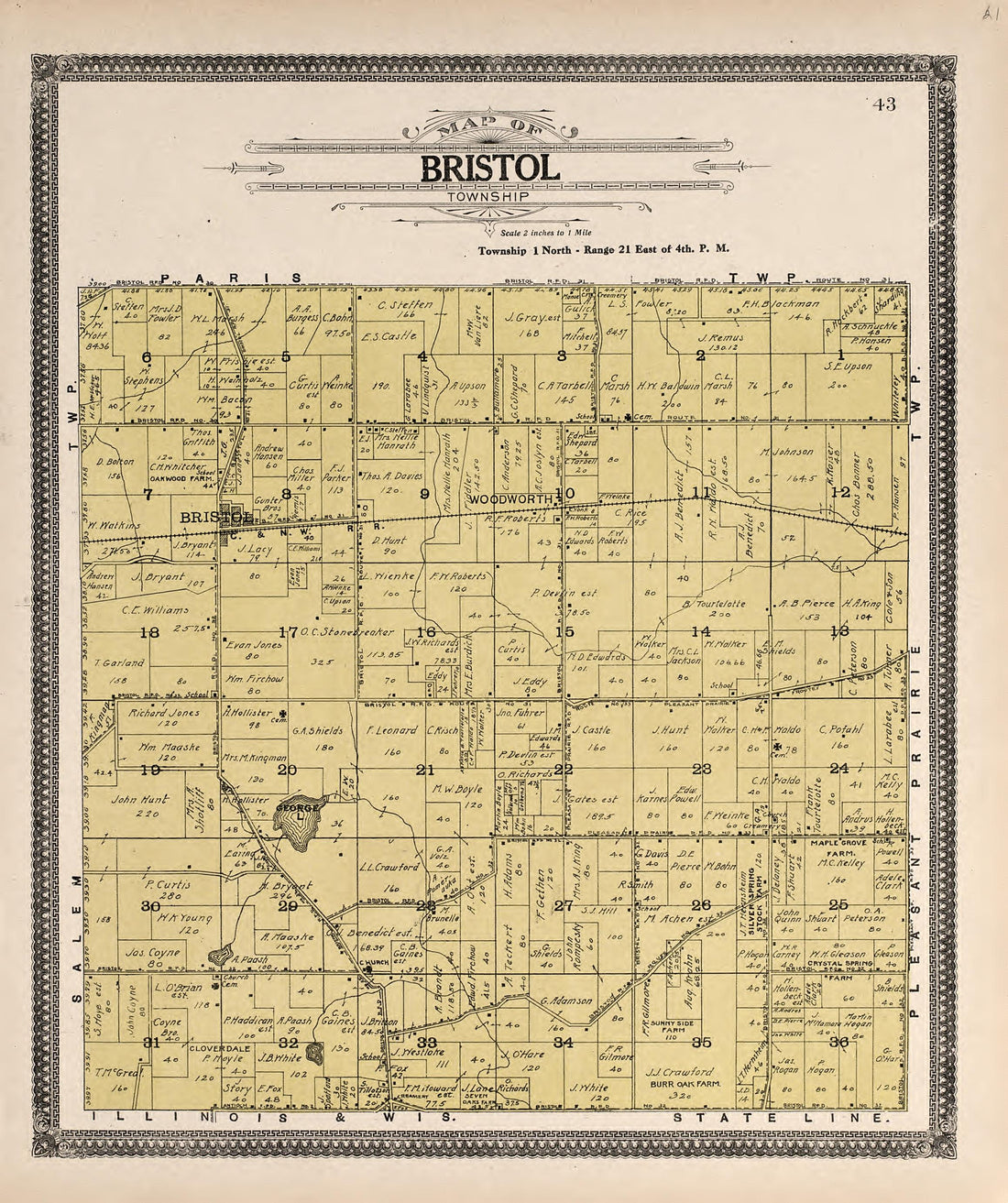 Map of Bristol Township from Plat Book of Racine and Kenosha Counties, Wisconsin : Including Plats of the Villages, Cities and Townships of the Counties, Map of the State, United States and World, Patrons Directory, Reference Business … 1908 by Relic Map Company