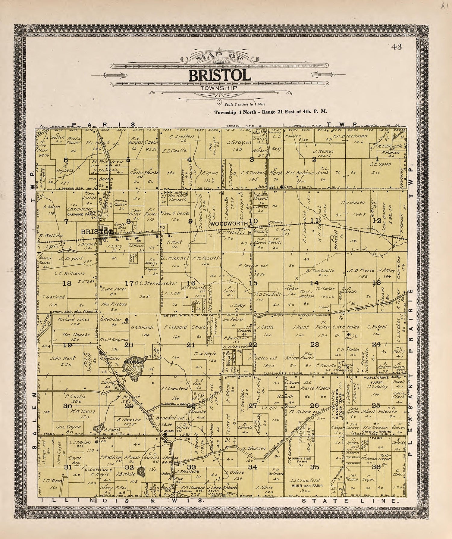 Map of Bristol Township from Plat Book of Racine and Kenosha Counties, Wisconsin : Including Plats of the Villages, Cities and Townships of the Counties, Map of the State, United States and World, Patrons Directory, Reference Business … 1908 by Relic Map Company