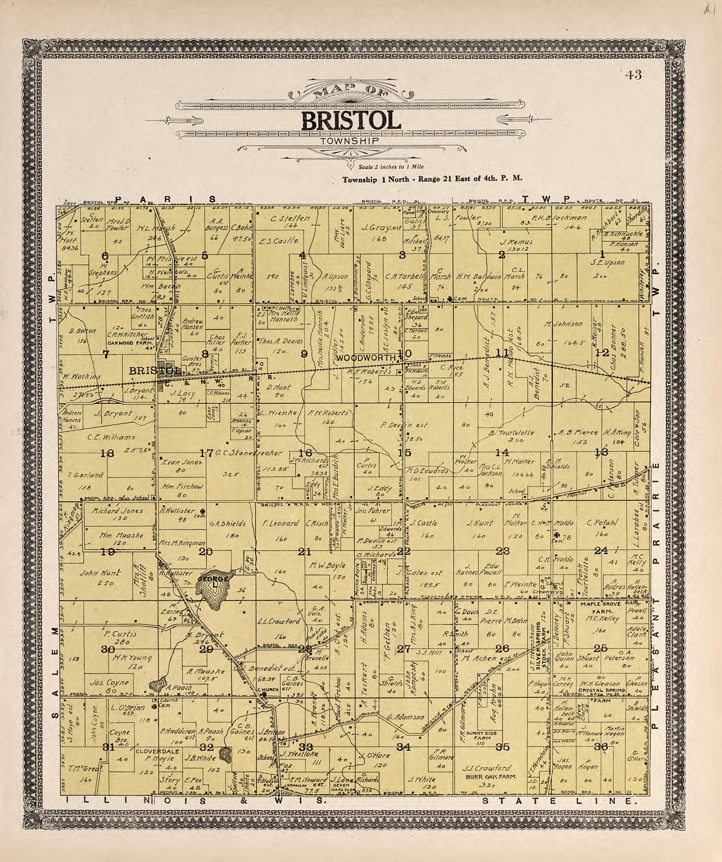 Map of Bristol Township from Plat Book of Racine and Kenosha Counties, Wisconsin : Including Plats of the Villages, Cities and Townships of the Counties, Map of the State, United States and World, Patrons Directory, Reference Business … 1908 by Relic Map Company