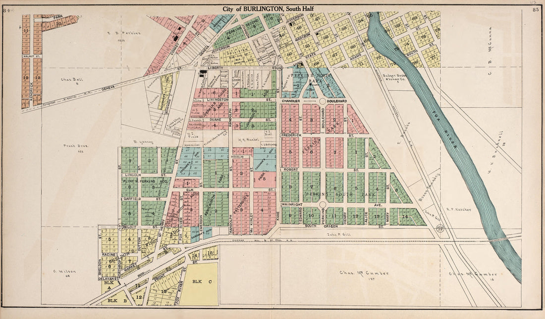 City of Burlington, South Half from Plat Book of Racine and Kenosha Counties, Wisconsin : Including Plats of the Villages, Cities and Townships of the Counties, Map of the State, United States and World, Patrons Directory, Reference Business … 1908 by Relic Map Company