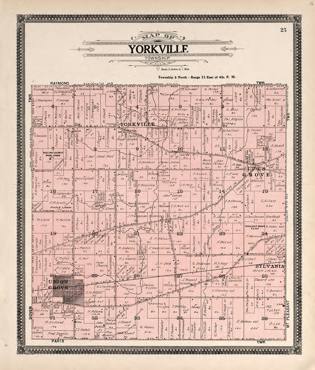 Map of Yorkville Township from Plat Book of Racine and Kenosha Counties, Wisconsin : Including Plats of the Villages, Cities and Townships of the Counties, Map of the State, United States and World, Patrons Directory, Reference Business … 1908 by Relic Map Company