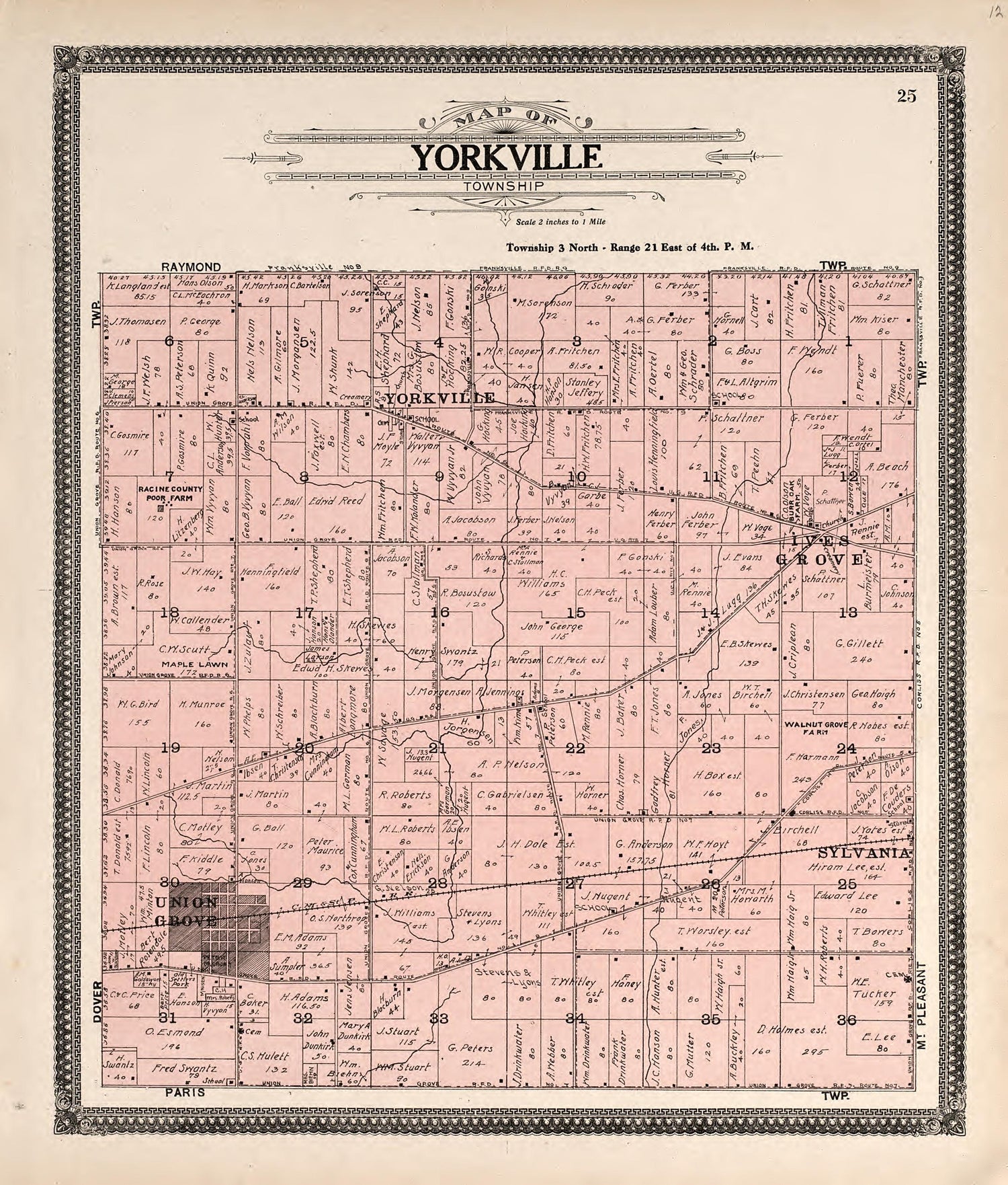 Map of Yorkville Township from Plat Book of Racine and Kenosha Counties, Wisconsin : Including Plats of the Villages, Cities and Townships of the Counties, Map of the State, United States and World, Patrons Directory, Reference Business … 1908 by Relic Map Company