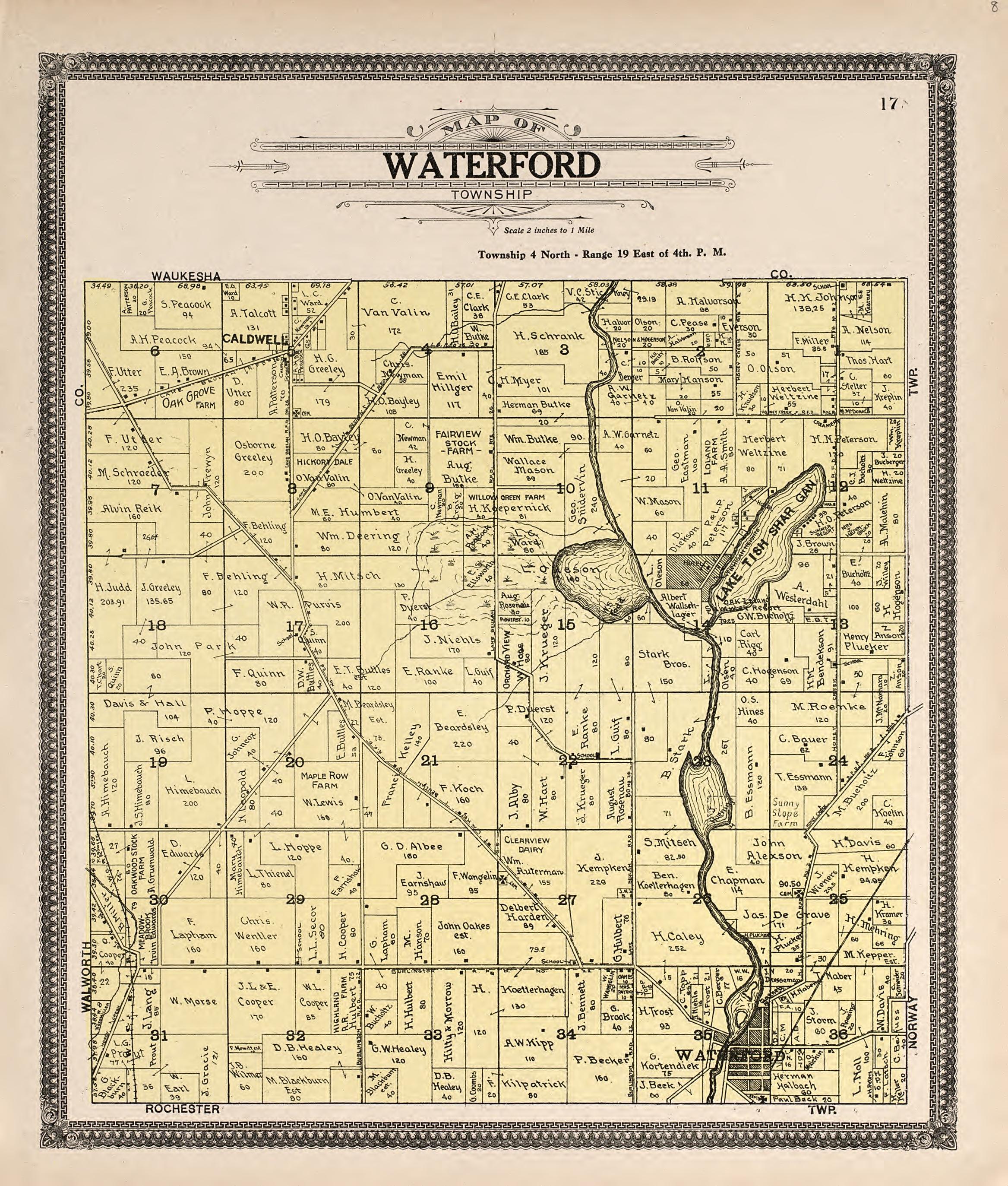 Map of Waterford Township from Plat Book of Racine and Kenosha Counties, Wisconsin : Including Plats of the Villages, Cities and Townships of the Counties, Map of the State, United States and World, Patrons Directory, Reference Business … 1908 by Relic Map Company