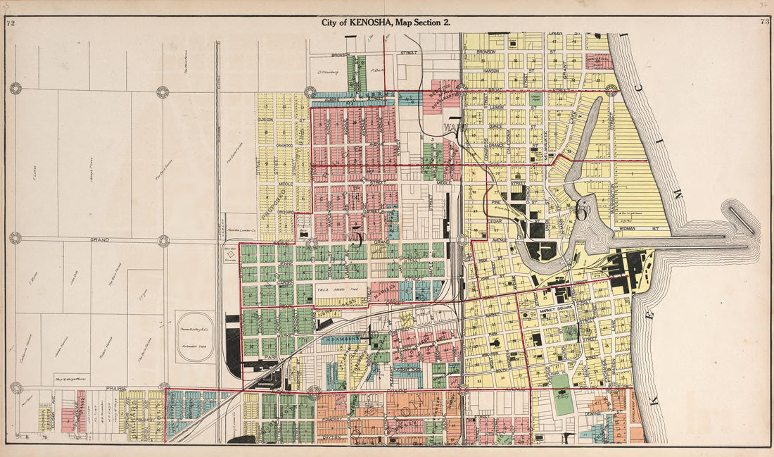 City of Kenosha, Map Section 2 from Plat Book of Racine and Kenosha Counties, Wisconsin : Including Plats of the Villages, Cities and Townships of the Counties, Map of the State, United States and World, Patrons Directory, Reference Business … 1908 by Relic Map Company