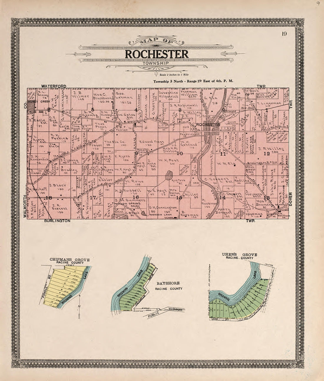 Map of Rochester Township from Plat Book of Racine and Kenosha Counties, Wisconsin : Including Plats of the Villages, Cities and Townships of the Counties, Map of the State, United States and World, Patrons Directory, Reference Business … 1908 by Relic Map Company