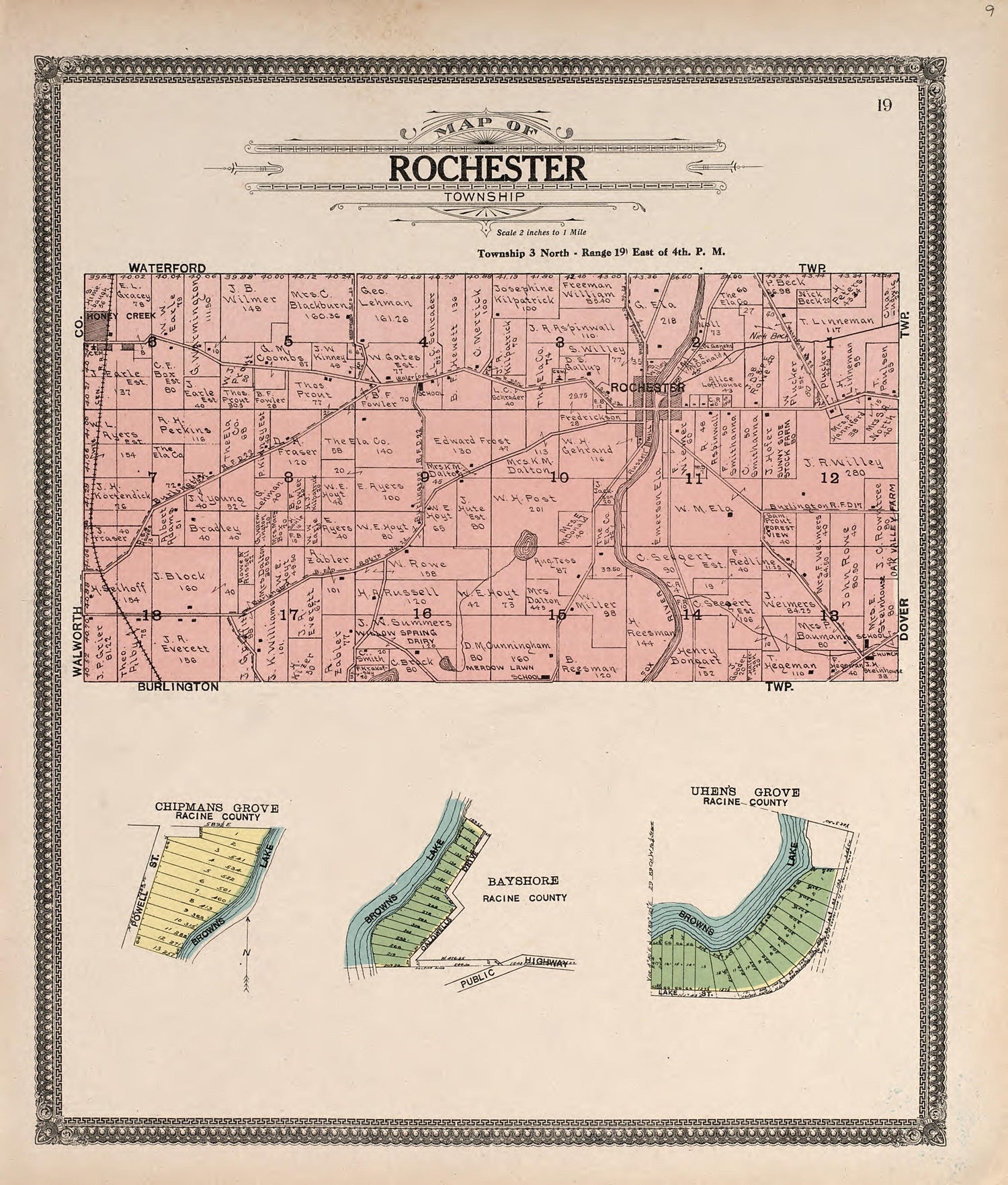 Map of Rochester Township from Plat Book of Racine and Kenosha Counties, Wisconsin : Including Plats of the Villages, Cities and Townships of the Counties, Map of the State, United States and World, Patrons Directory, Reference Business … 1908 by Relic Map Company