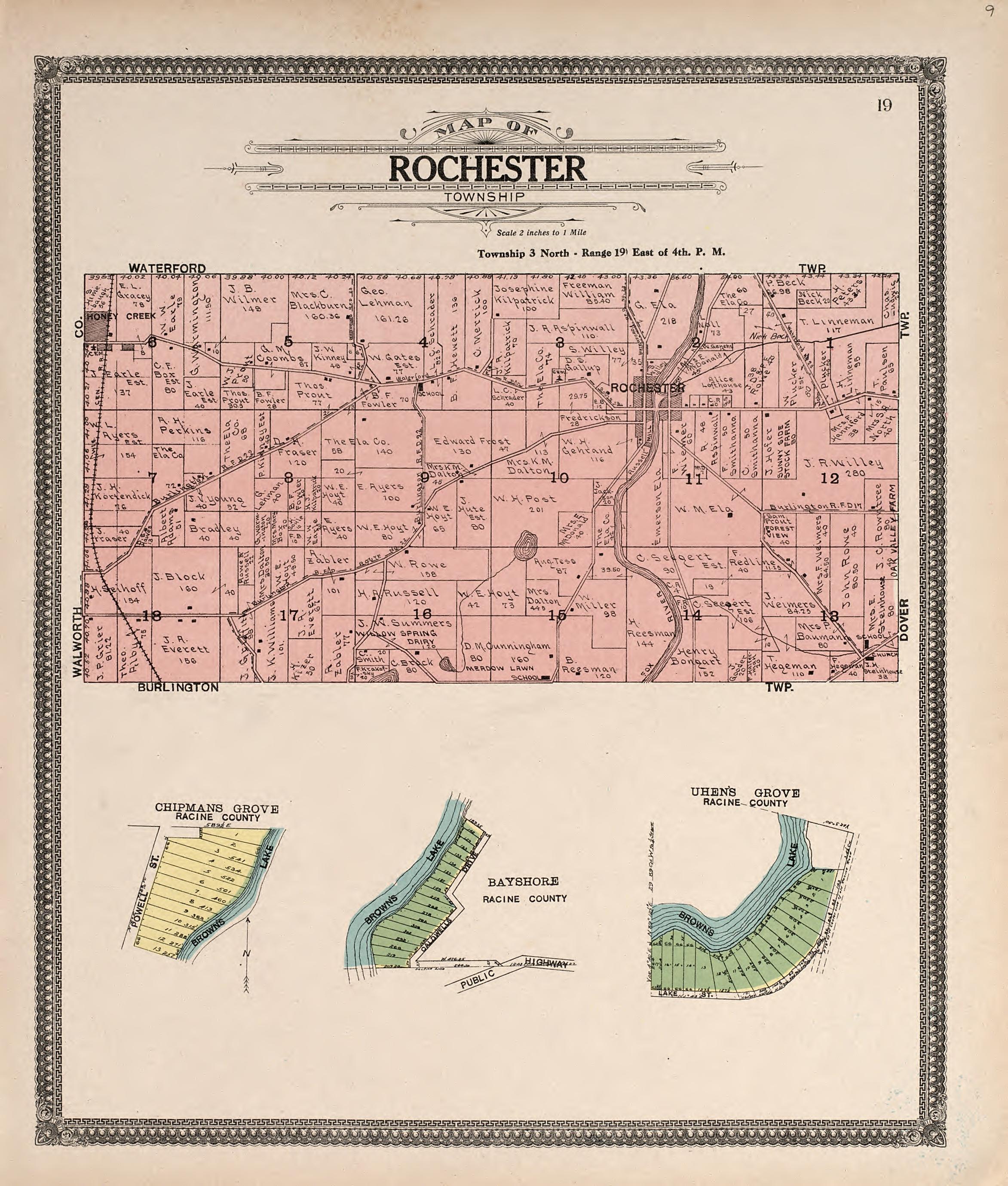 Map of Rochester Township from Plat Book of Racine and Kenosha Counties, Wisconsin : Including Plats of the Villages, Cities and Townships of the Counties, Map of the State, United States and World, Patrons Directory, Reference Business … 1908 by Relic Map Company