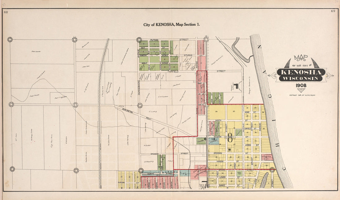 City of Kenosha, Map Section 1 from Plat Book of Racine and Kenosha Counties, Wisconsin : Including Plats of the Villages, Cities and Townships of the Counties, Map of the State, United States and World, Patrons Directory, Reference Business … 1908 by Relic Map Company