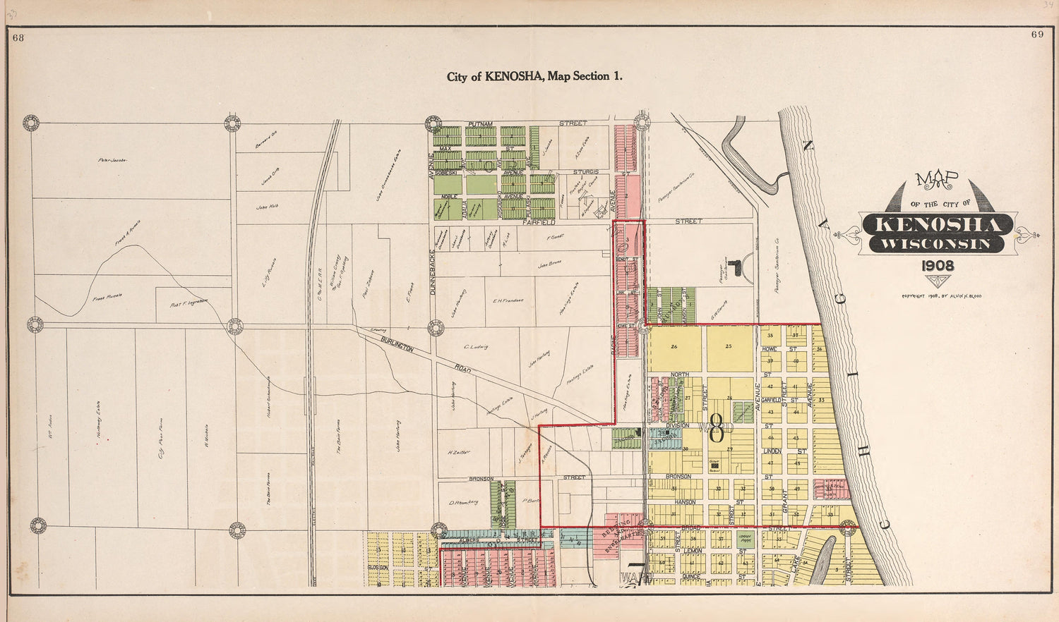 City of Kenosha, Map Section 1 from Plat Book of Racine and Kenosha Counties, Wisconsin : Including Plats of the Villages, Cities and Townships of the Counties, Map of the State, United States and World, Patrons Directory, Reference Business … 1908 by Relic Map Company
