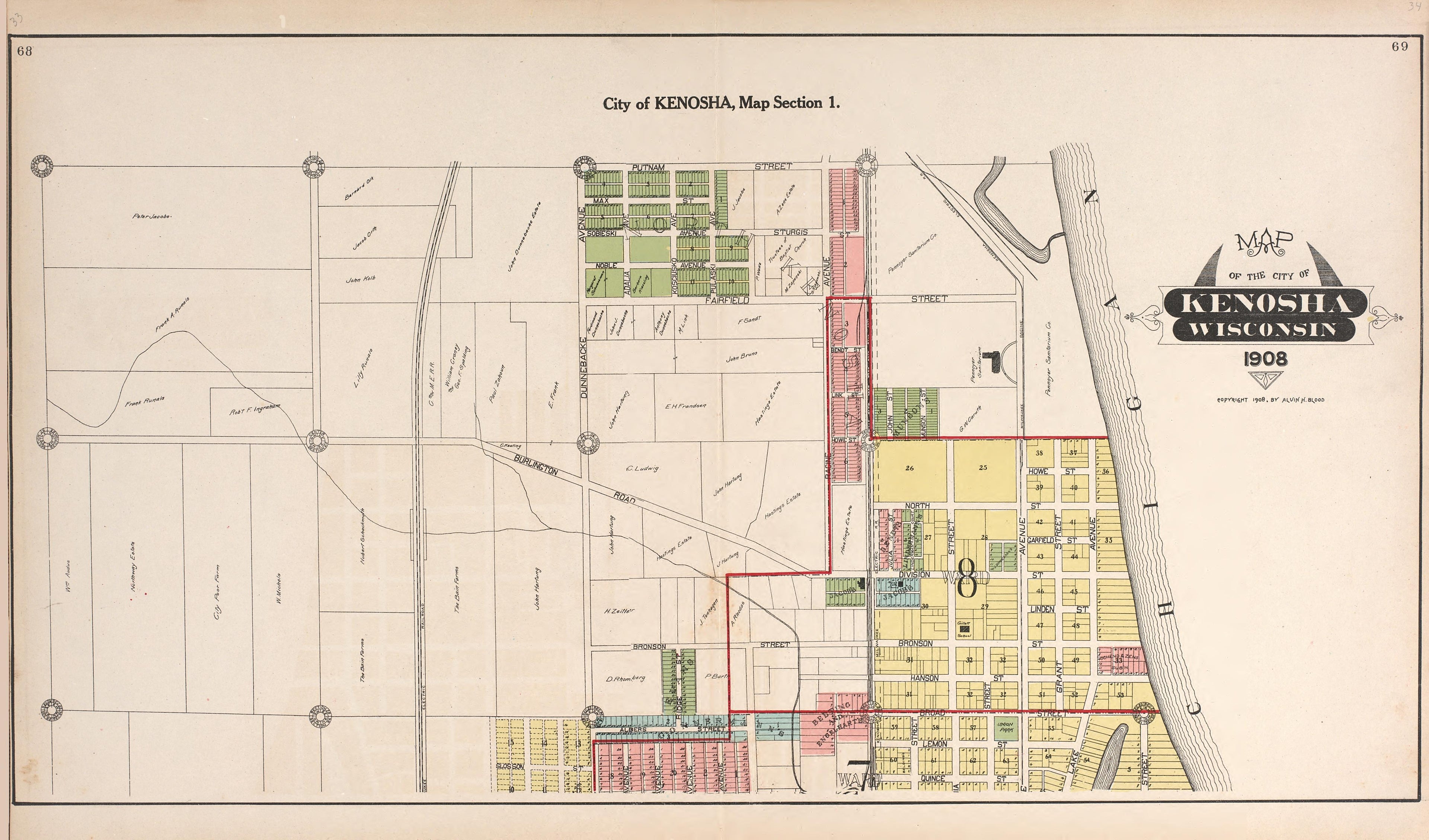 City of Kenosha, Map Section 1 from Plat Book of Racine and Kenosha Counties, Wisconsin : Including Plats of the Villages, Cities and Townships of the Counties, Map of the State, United States and World, Patrons Directory, Reference Business … 1908 by Relic Map Company