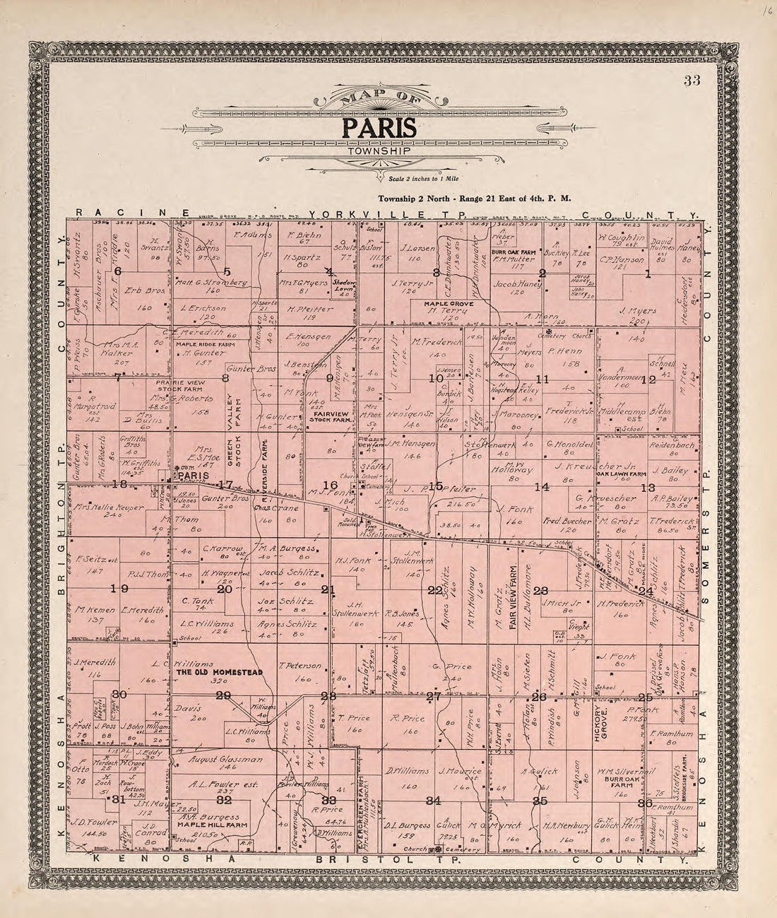 Map of Paris Township from Plat Book of Racine and Kenosha Counties, Wisconsin : Including Plats of the Villages, Cities and Townships of the Counties, Map of the State, United States and World, Patrons Directory, Reference Business … 1908 by Relic Map Company