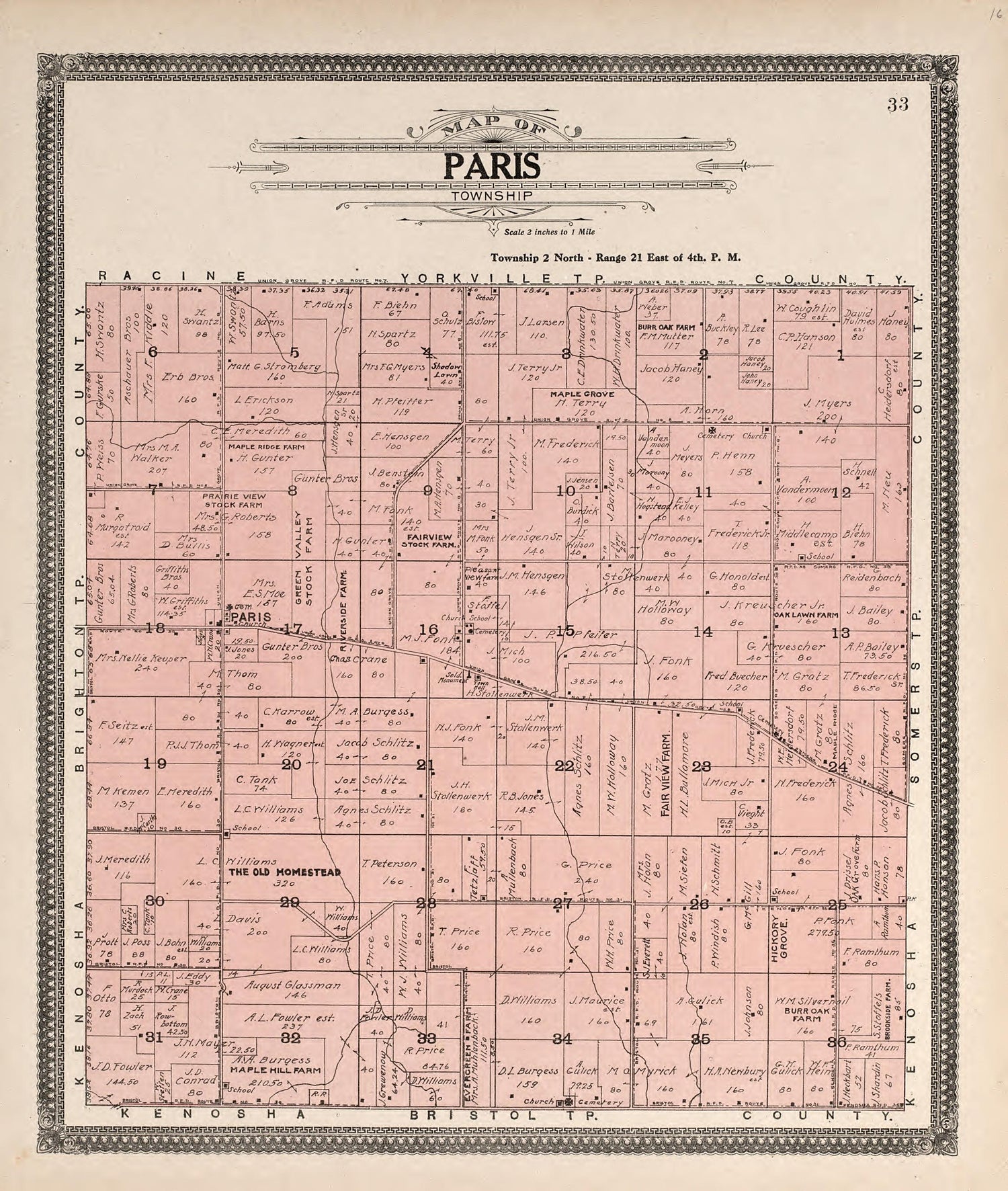 Map of Paris Township from Plat Book of Racine and Kenosha Counties, Wisconsin : Including Plats of the Villages, Cities and Townships of the Counties, Map of the State, United States and World, Patrons Directory, Reference Business … 1908 by Relic Map Company