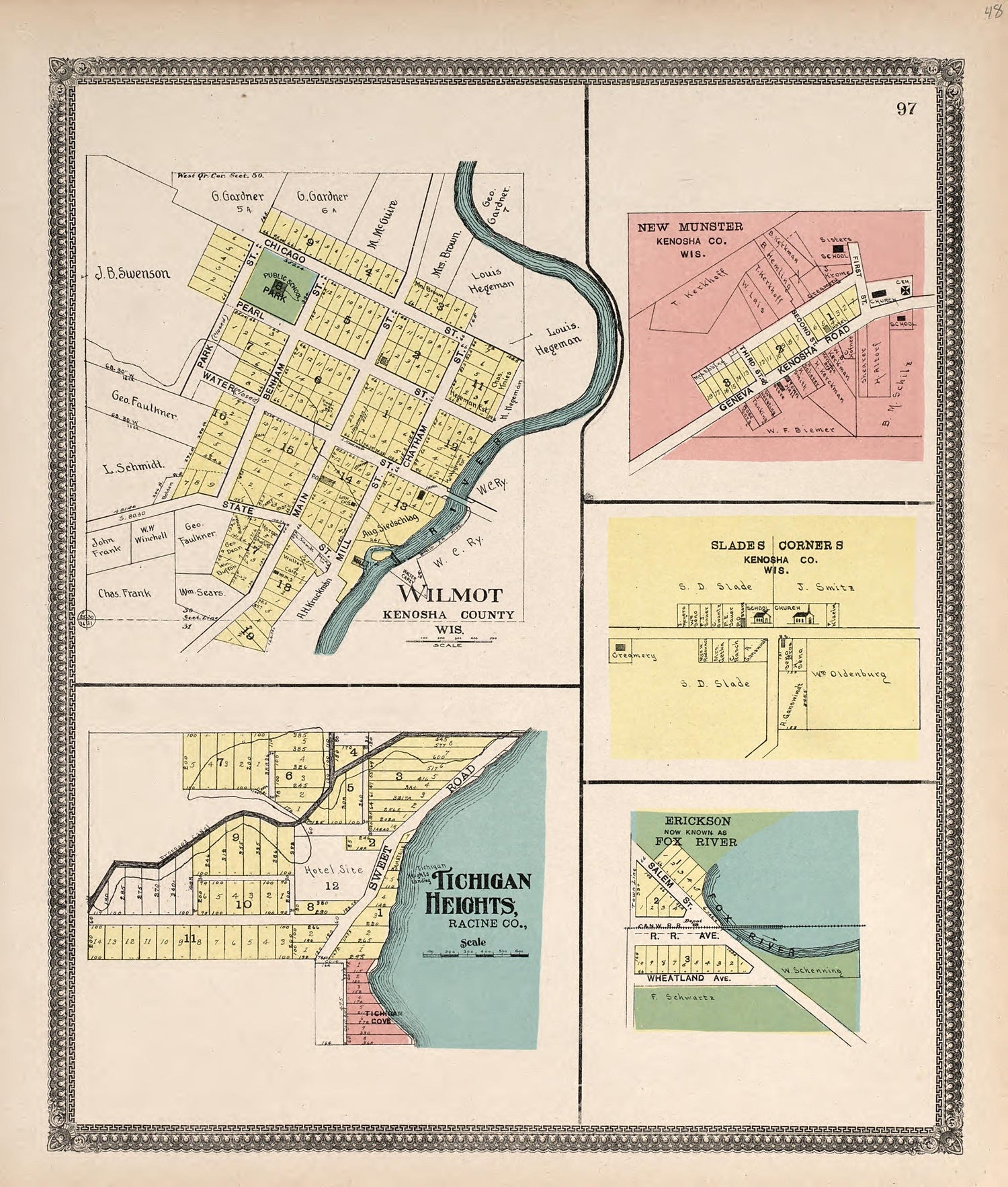 Wilmot; New Munster; Slades Corner S; Tichigan Heights; Erickson from Plat Book of Racine and Kenosha Counties, Wisconsin : Including Plats of the Villages, Cities and Townships of the Counties, Map of the State, United States and World, Patrons Direc... by Relic Map Company