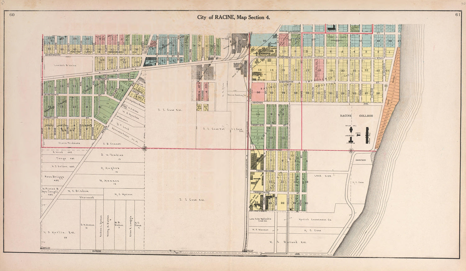 Map of the City of Racine Map Section 4 from Plat Book of Racine and Kenosha Counties, Wisconsin : Including Plats of the Villages, Cities and Townships of the Counties, Map of the State, United States and World, Patrons Directory, Reference Business ... by Relic Map Company
