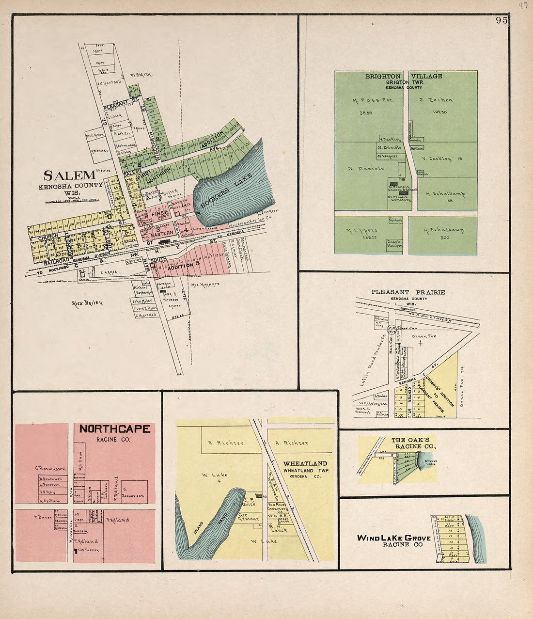 Salem; Brighton Village; Pleasant Prairie; Northcape; Wheatland from Plat Book of Racine and Kenosha Counties, Wisconsin : Including Plats of the Villages, Cities and Townships of the Counties, Map of the State, United States and World, Patrons Direct... by Relic Map Company
