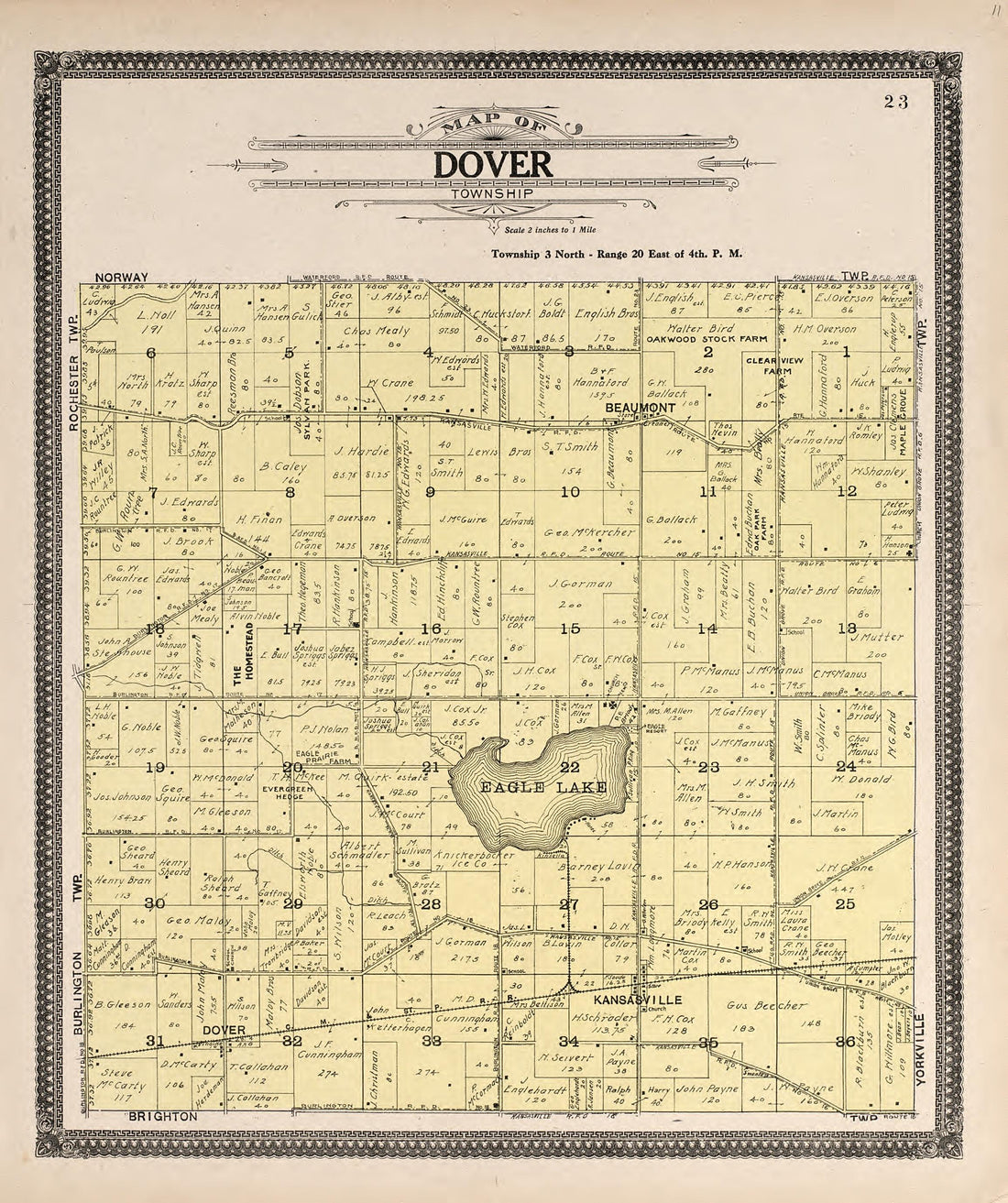 Map of Dover Township from Plat Book of Racine and Kenosha Counties, Wisconsin : Including Plats of the Villages, Cities and Townships of the Counties, Map of the State, United States and World, Patrons Directory, Reference Business … 1908 by Relic Map Company