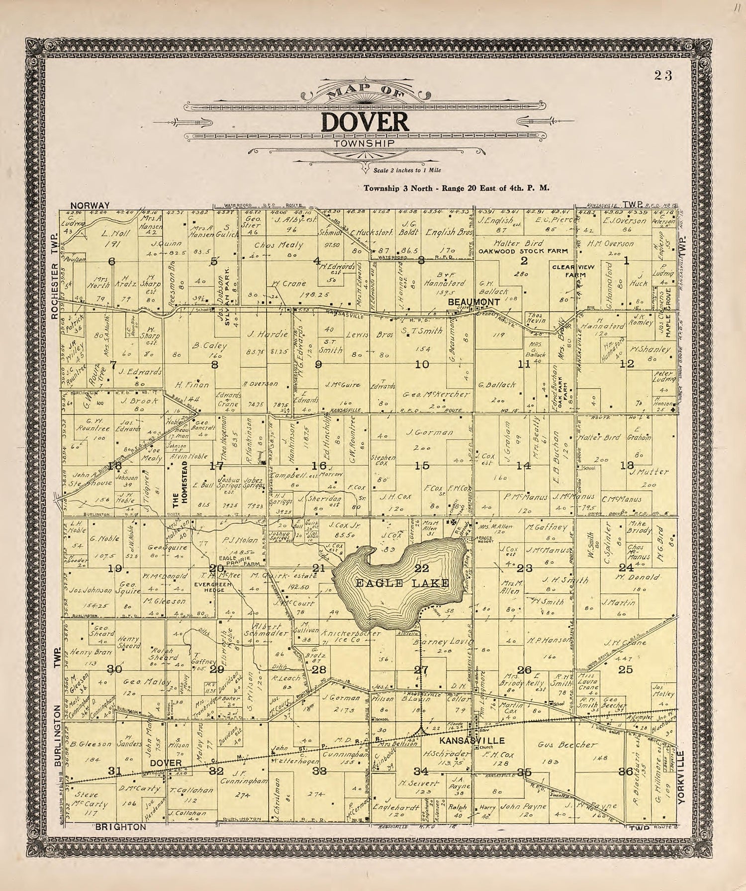 Map of Dover Township from Plat Book of Racine and Kenosha Counties, Wisconsin : Including Plats of the Villages, Cities and Townships of the Counties, Map of the State, United States and World, Patrons Directory, Reference Business … 1908 by Relic Map Company