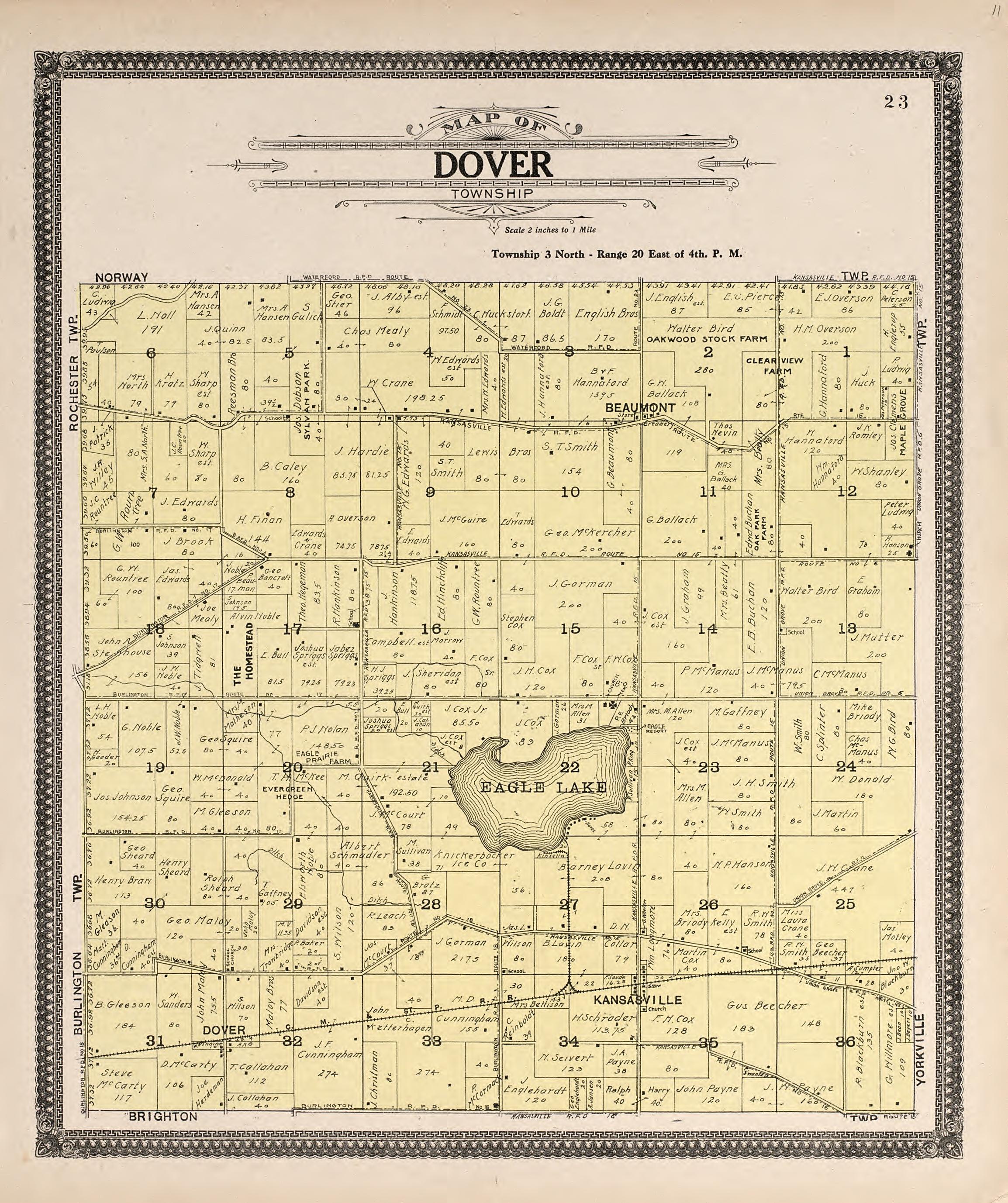 Map of Dover Township from Plat Book of Racine and Kenosha Counties, Wisconsin : Including Plats of the Villages, Cities and Townships of the Counties, Map of the State, United States and World, Patrons Directory, Reference Business … 1908 by Relic Map Company