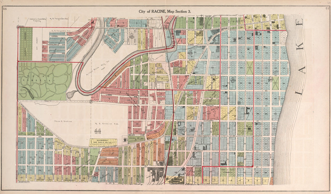Map of the City of Racine Map Section 3 from Plat Book of Racine and Kenosha Counties, Wisconsin : Including Plats of the Villages, Cities and Townships of the Counties, Map of the State, United States and World, Patrons Directory, Reference Business ... by Relic Map Company