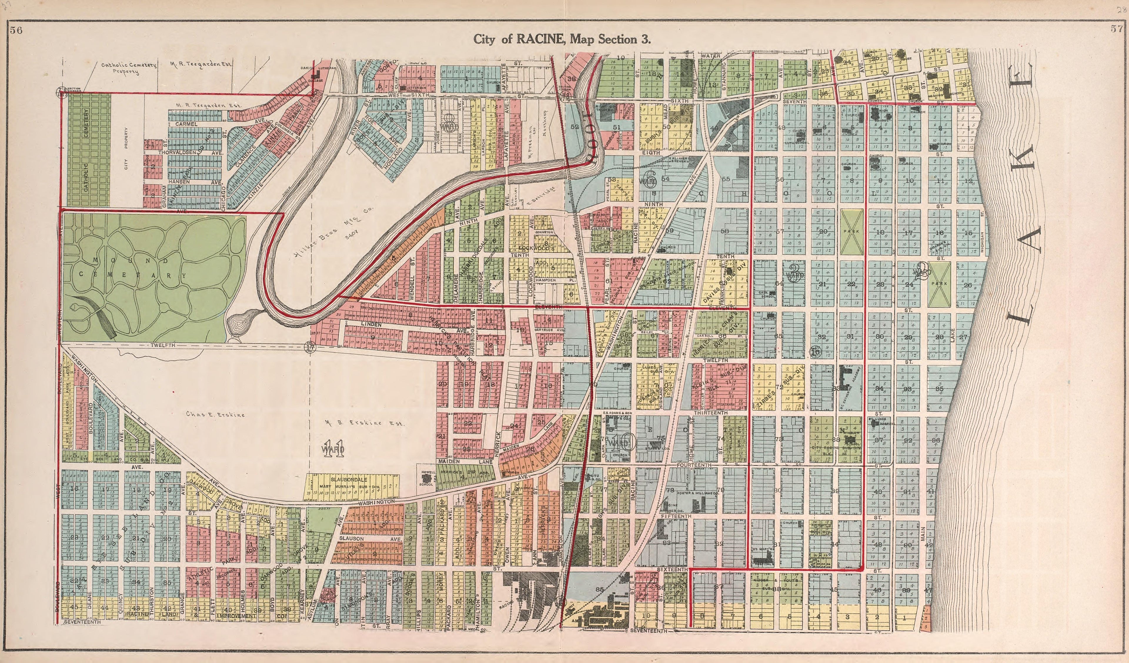 Map of the City of Racine Map Section 3 from Plat Book of Racine and Kenosha Counties, Wisconsin : Including Plats of the Villages, Cities and Townships of the Counties, Map of the State, United States and World, Patrons Directory, Reference Business ... by Relic Map Company