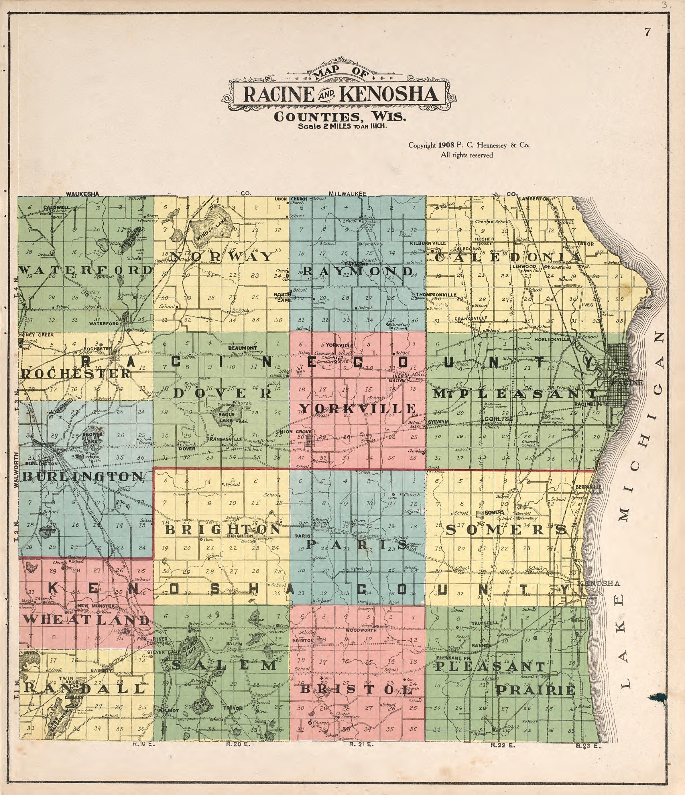 Map of Racine and Winosha Counties, Wisconsin from Plat Book of Racine and Kenosha Counties, Wisconsin : Including Plats of the Villages, Cities and Townships of the Counties, Map of the State, United States and World, Patrons Directory, Reference Bus... by Relic Map Company