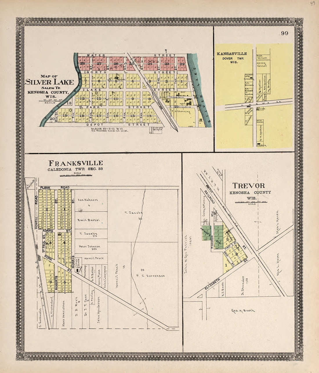 Map of Silver Lake; Kansasville; Franksville; Trevor from Plat Book of Racine and Kenosha Counties, Wisconsin : Including Plats of the Villages, Cities and Townships of the Counties, Map of the State, United States and World, Patrons Directory, Refere... by Relic Map Company