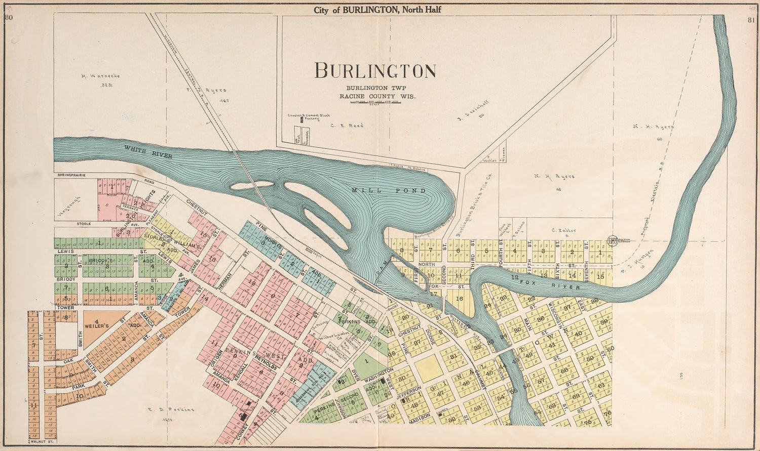 City of Burlington, North Half; Burlington from Plat Book of Racine and Kenosha Counties, Wisconsin : Including Plats of the Villages, Cities and Townships of the Counties, Map of the State, United States and World, Patrons Directory, Reference Busine... by Relic Map Company
