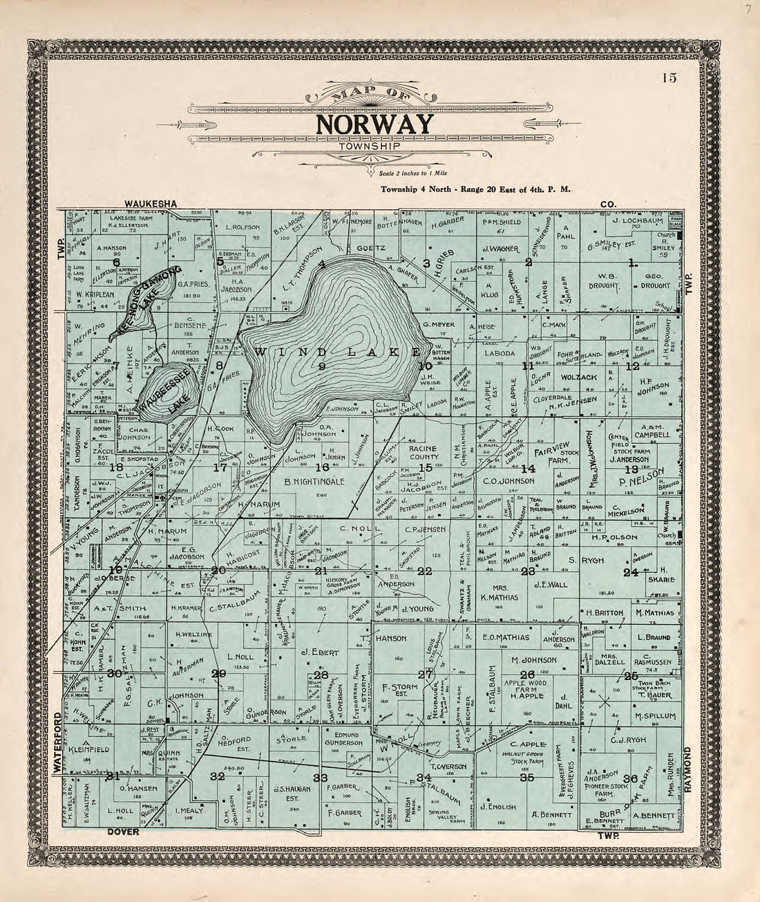 Map of Norway Township from Plat Book of Racine and Kenosha Counties, Wisconsin : Including Plats of the Villages, Cities and Townships of the Counties, Map of the State, United States and World, Patrons Directory, Reference Business … 1908 by Relic Map Company