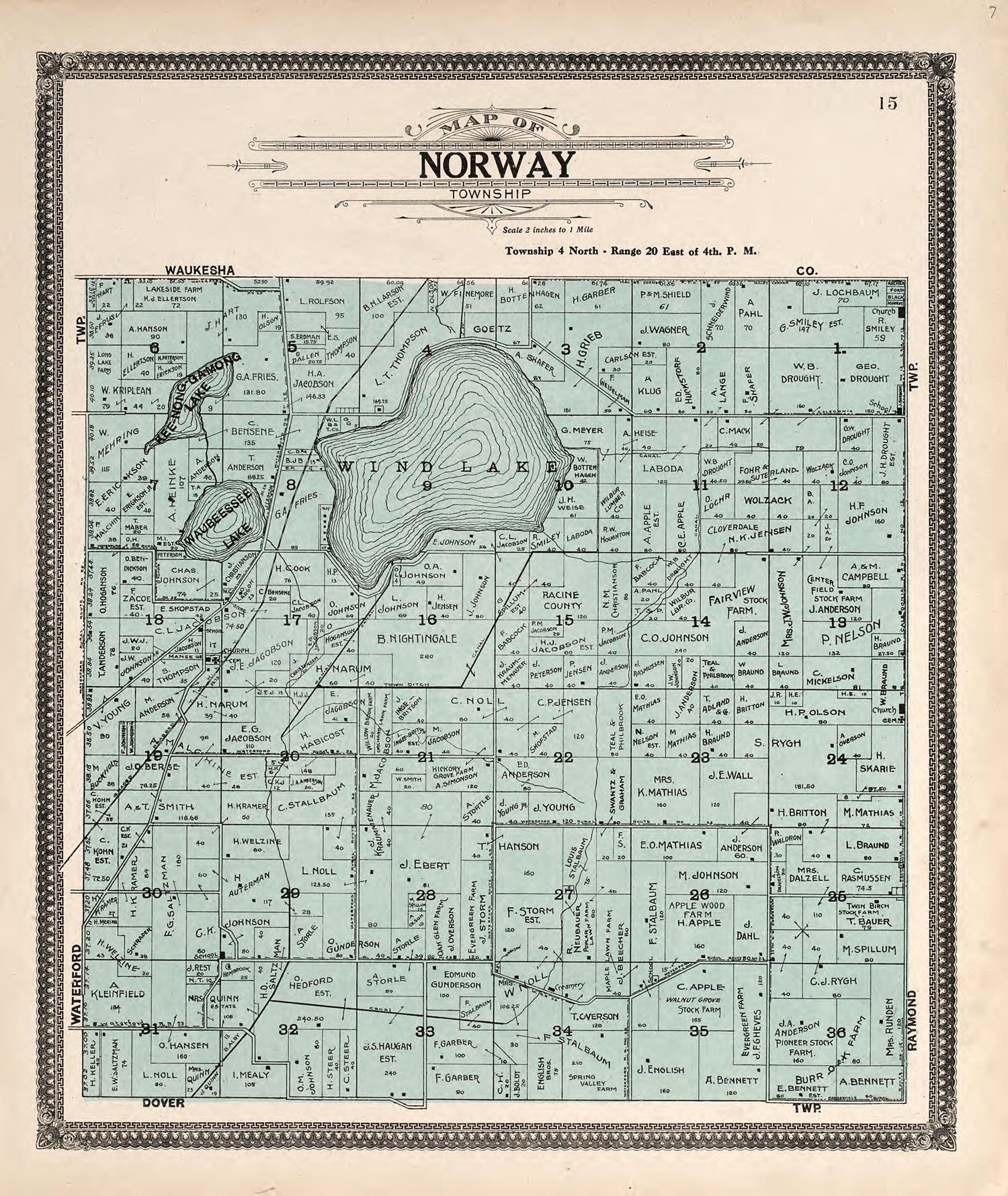 Map of Norway Township from Plat Book of Racine and Kenosha Counties, Wisconsin : Including Plats of the Villages, Cities and Townships of the Counties, Map of the State, United States and World, Patrons Directory, Reference Business … 1908 by Relic Map Company