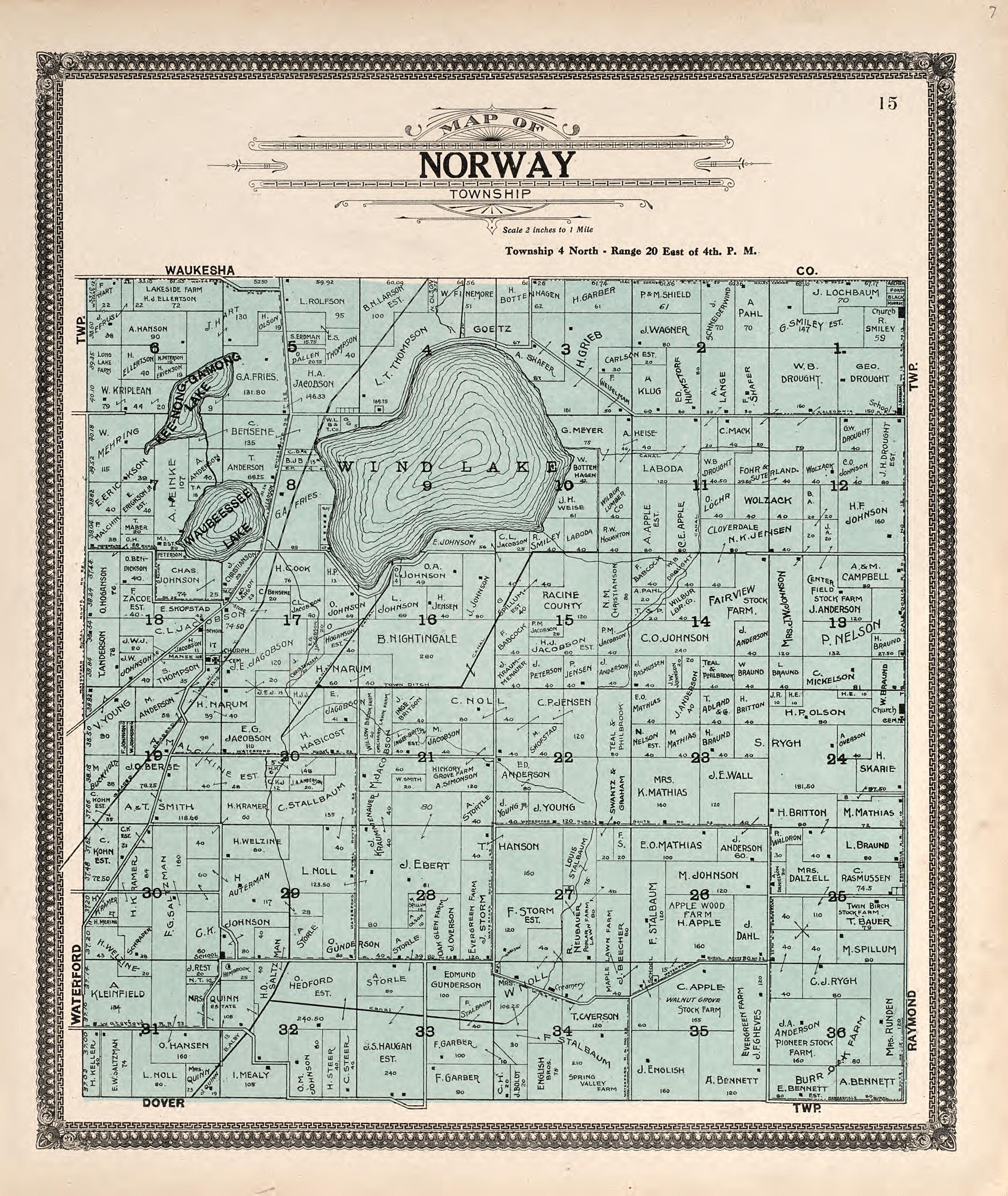Map of Norway Township from Plat Book of Racine and Kenosha Counties, Wisconsin : Including Plats of the Villages, Cities and Townships of the Counties, Map of the State, United States and World, Patrons Directory, Reference Business … 1908 by Relic Map Company