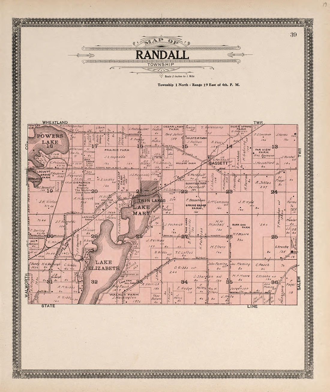 Map of Randall Township from Plat Book of Racine and Kenosha Counties, Wisconsin : Including Plats of the Villages, Cities and Townships of the Counties, Map of the State, United States and World, Patrons Directory, Reference Business … 1908 by Relic Map Company