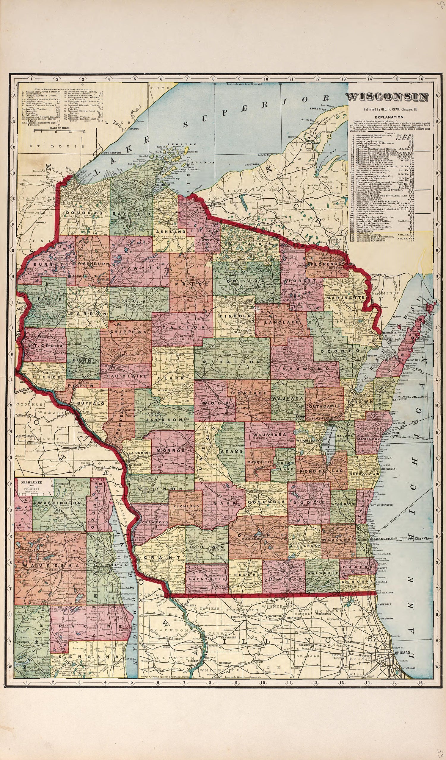 Wisconsin from Plat Book of Racine and Kenosha Counties, Wisconsin : Including Plats of the Villages, Cities and Townships of the Counties, Map of the State, United States and World, Patrons Directory, Reference Business … 1908 by Relic Map Company