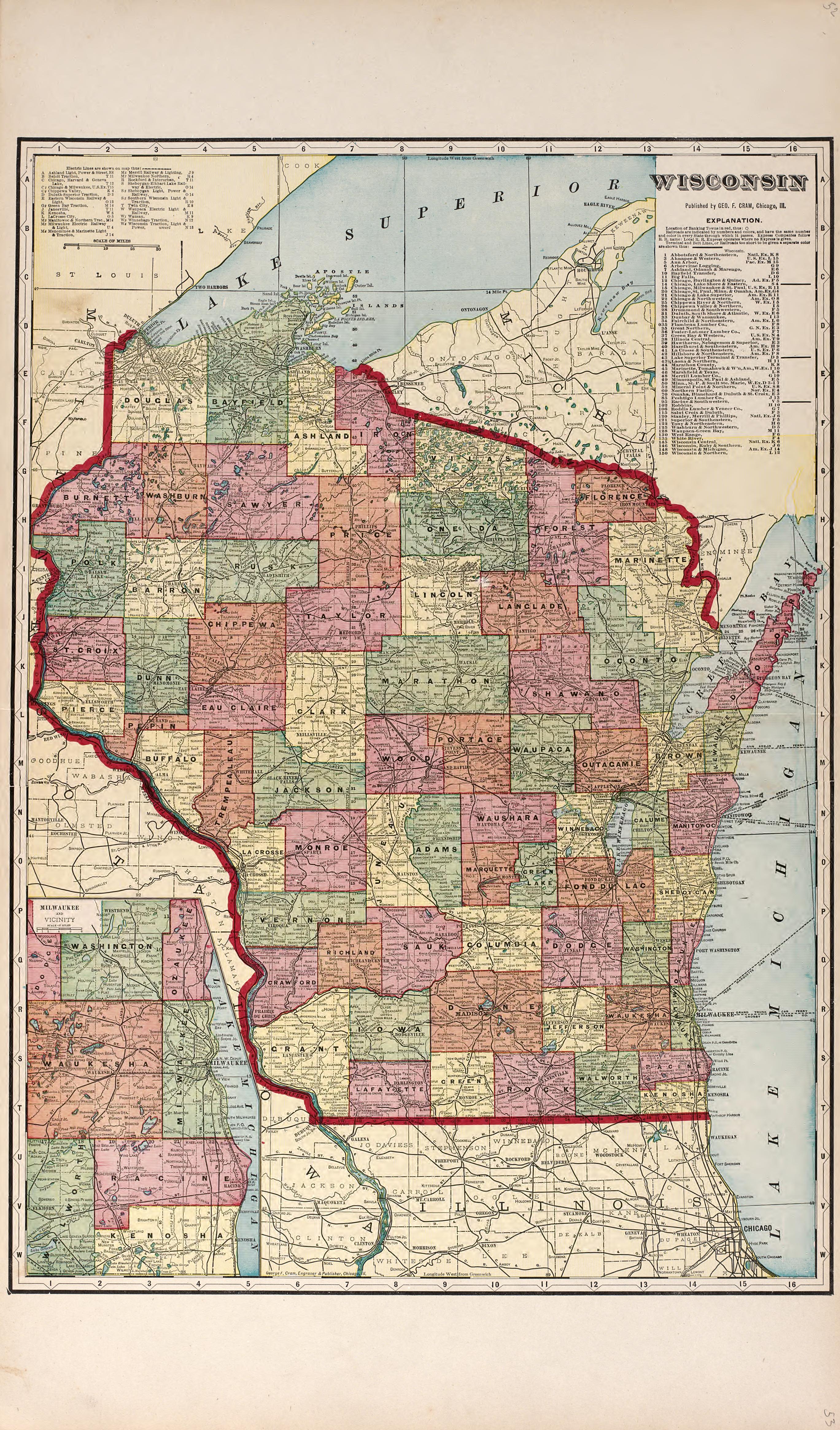 Wisconsin from Plat Book of Racine and Kenosha Counties, Wisconsin : Including Plats of the Villages, Cities and Townships of the Counties, Map of the State, United States and World, Patrons Directory, Reference Business … 1908 by Relic Map Company