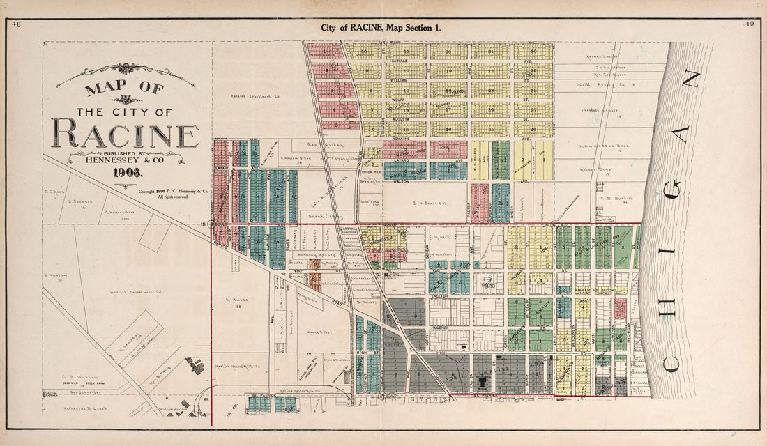 Map of the City of Racine from Plat Book of Racine and Kenosha Counties, Wisconsin : Including Plats of the Villages, Cities and Townships of the Counties, Map of the State, United States and World, Patrons Directory, Reference Business … 1908 by Relic Map Company