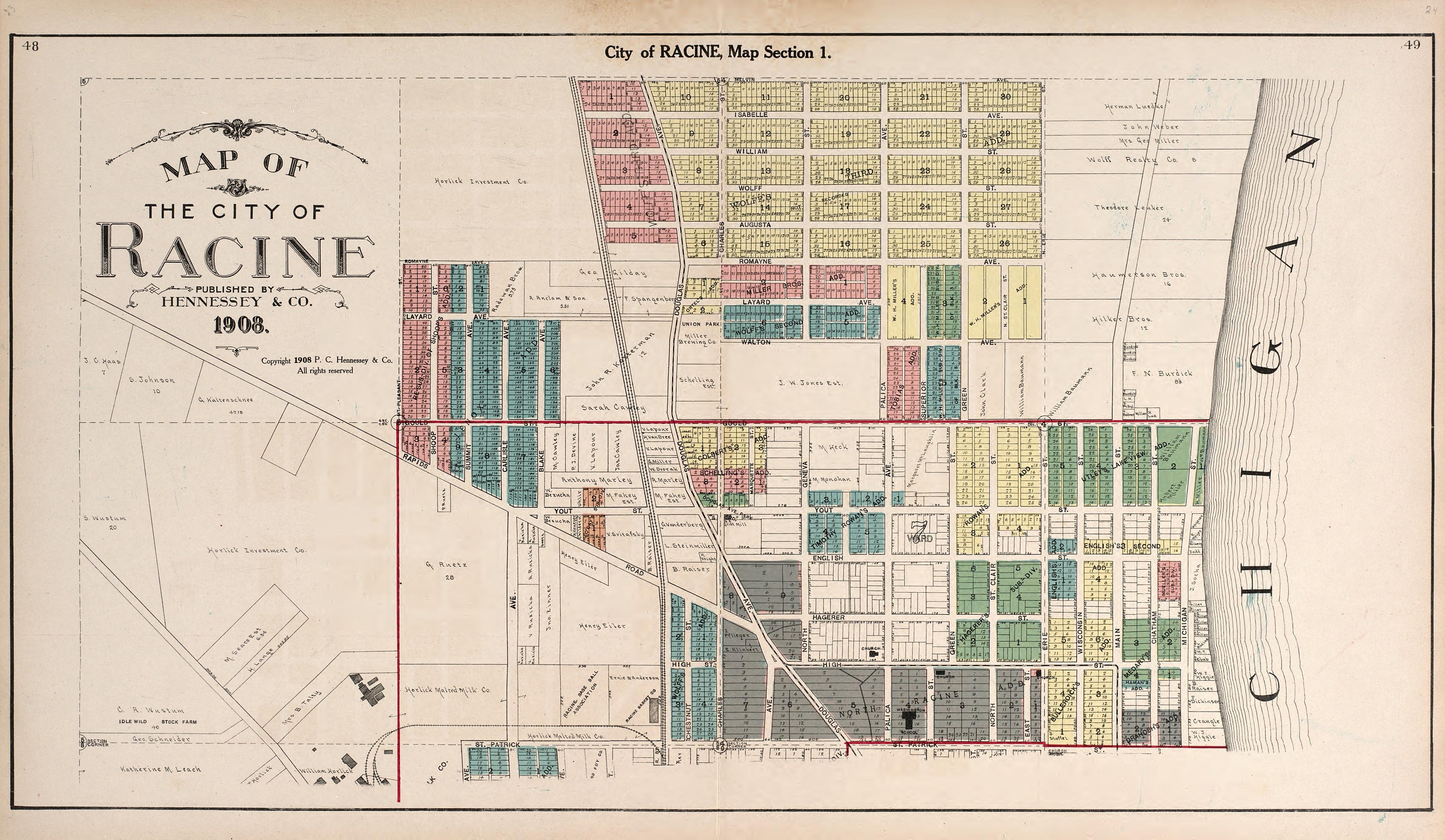 Map of the City of Racine from Plat Book of Racine and Kenosha Counties, Wisconsin : Including Plats of the Villages, Cities and Townships of the Counties, Map of the State, United States and World, Patrons Directory, Reference Business … 1908 by Relic Map Company